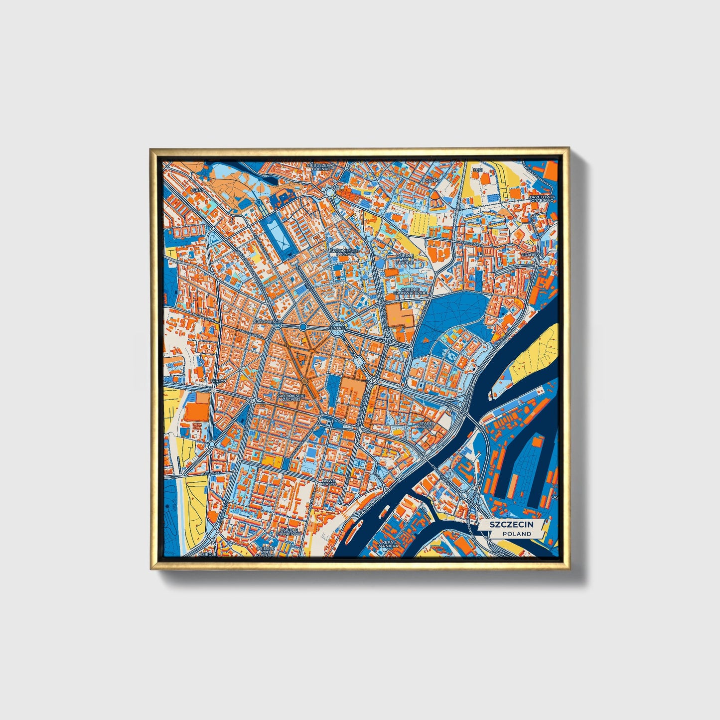 Szczecin Poland Colorful City Map Canvas Print • Gold Framed