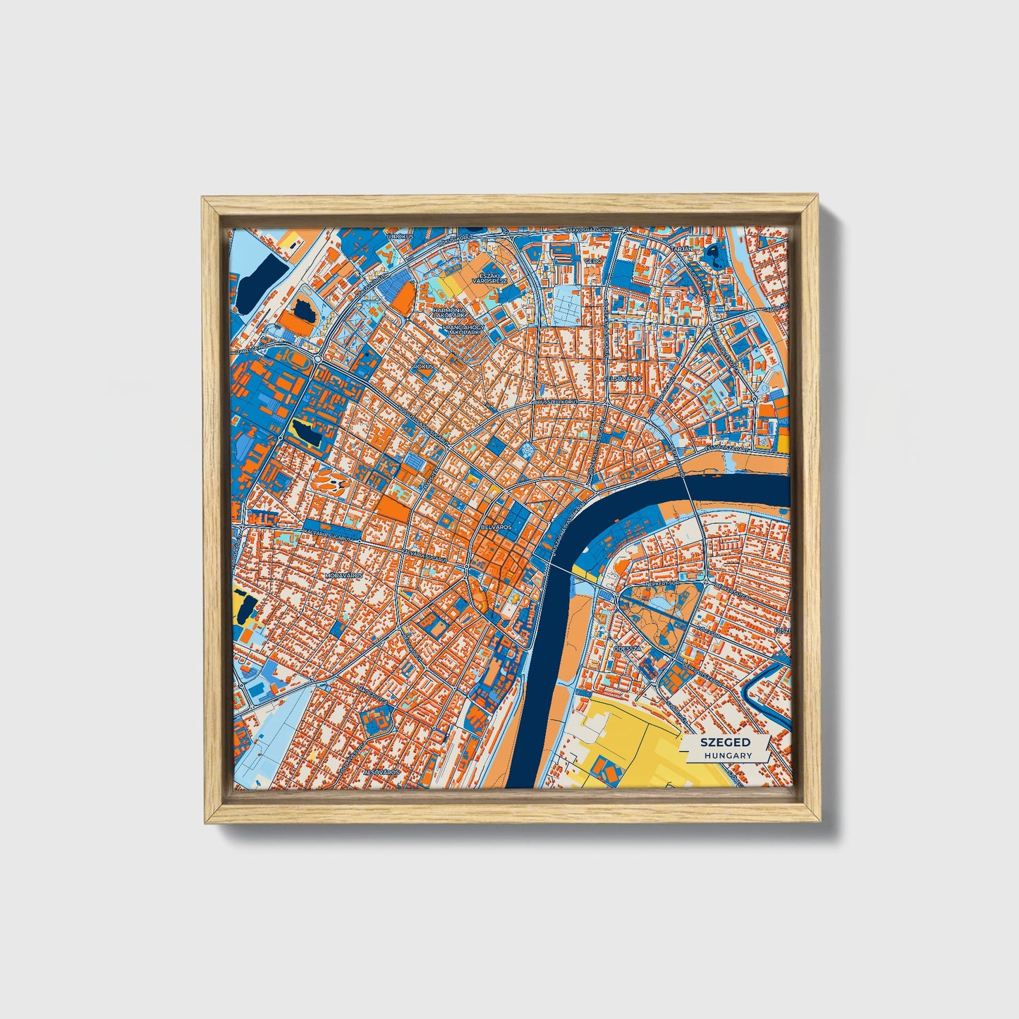 Szeged Hungary Colorful City Map Canvas Print • Natural Wooden Framed