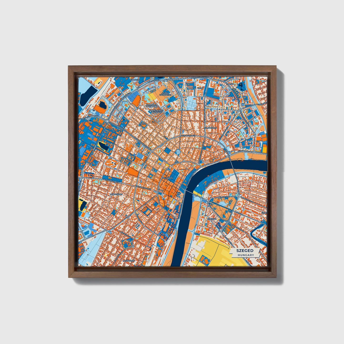 Szeged Hungary Colorful City Map Canvas Print • Dark Wooden Framed