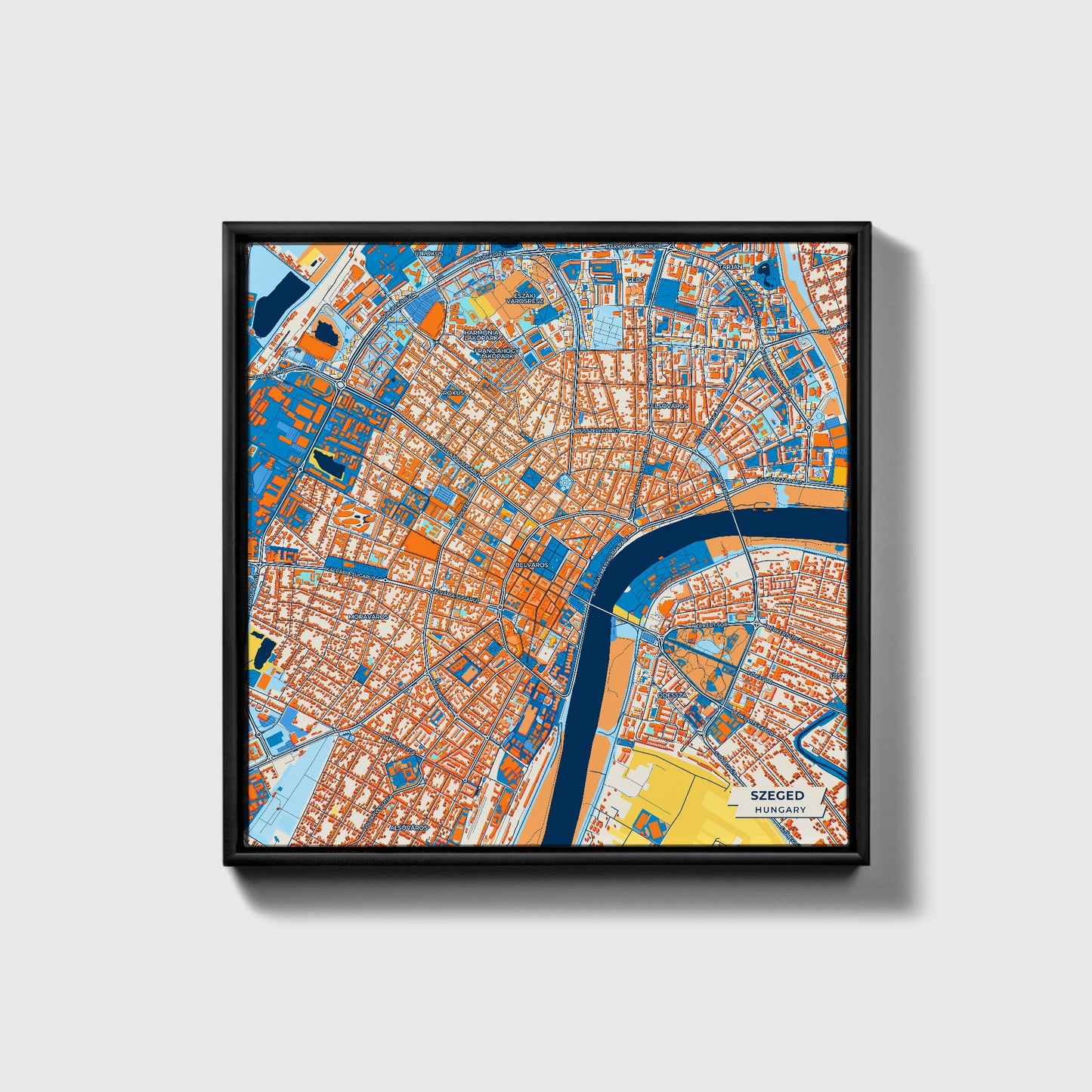 Szeged Hungary Colorful City Map Canvas Print • Black Framed