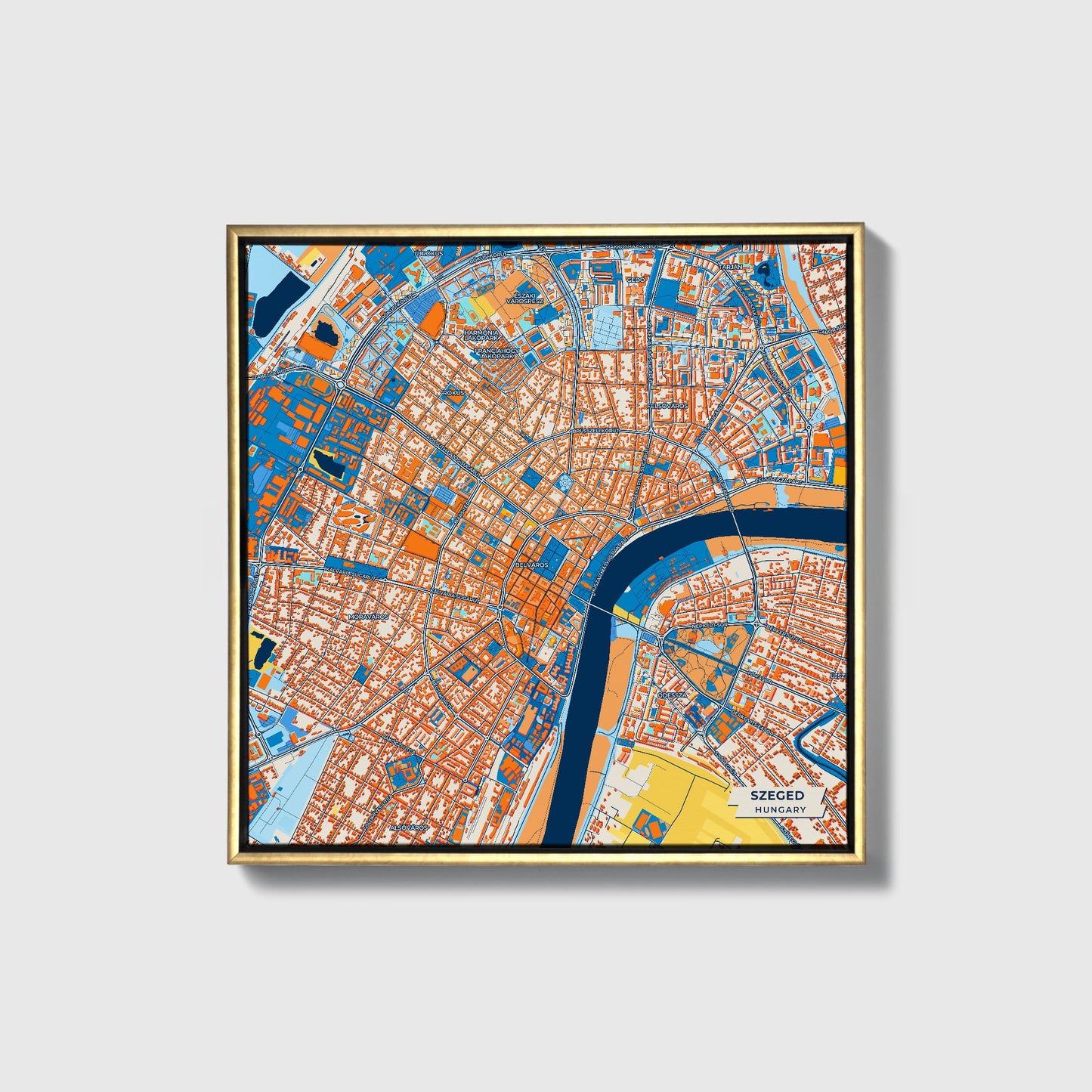 Szeged Hungary Colorful City Map Canvas Print • Gold Framed