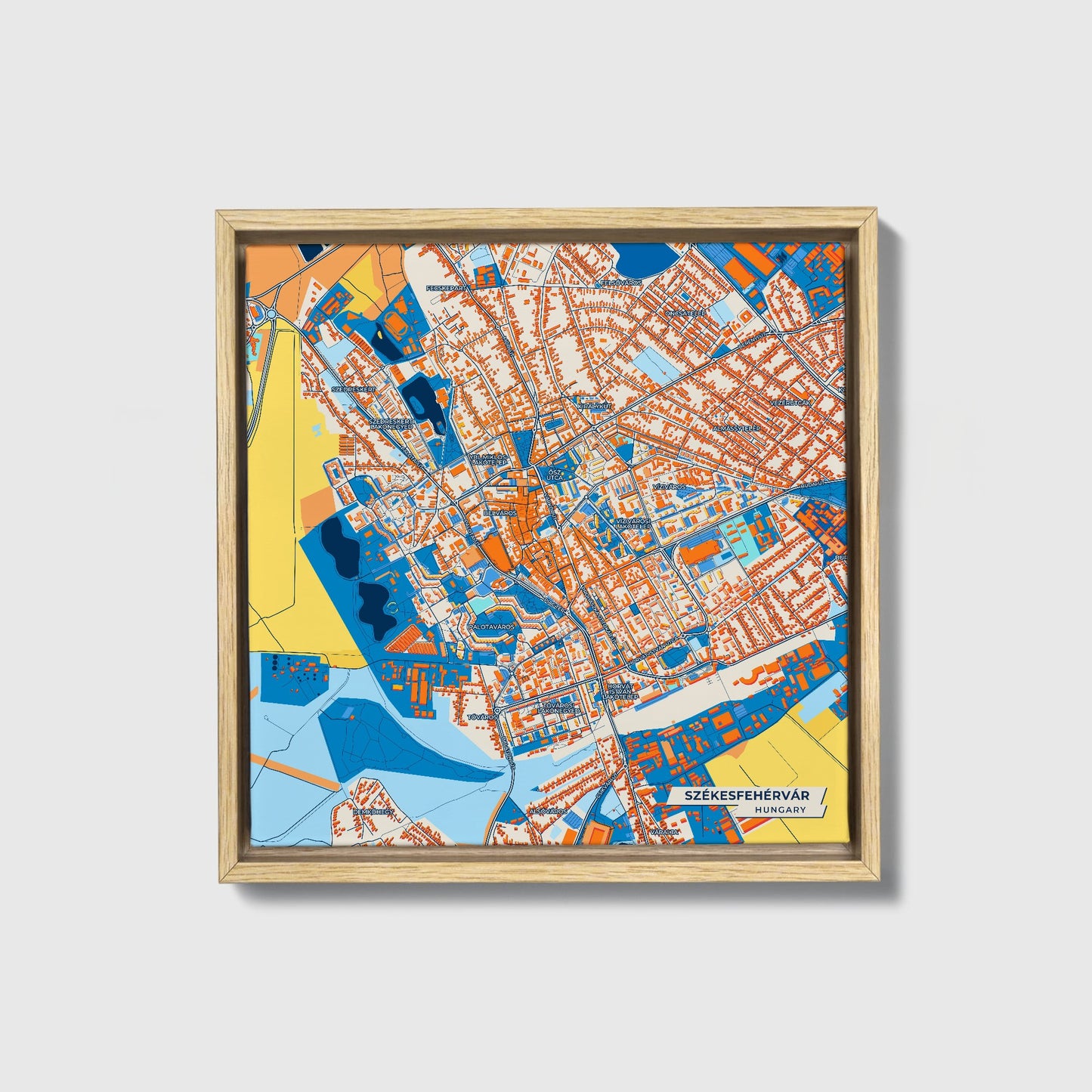 Székesfehérvár Hungary Colorful City Map Canvas Print • Natural Wooden Framed