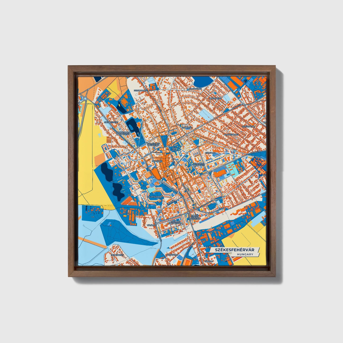 Székesfehérvár Hungary Colorful City Map Canvas Print • Dark Wooden Framed