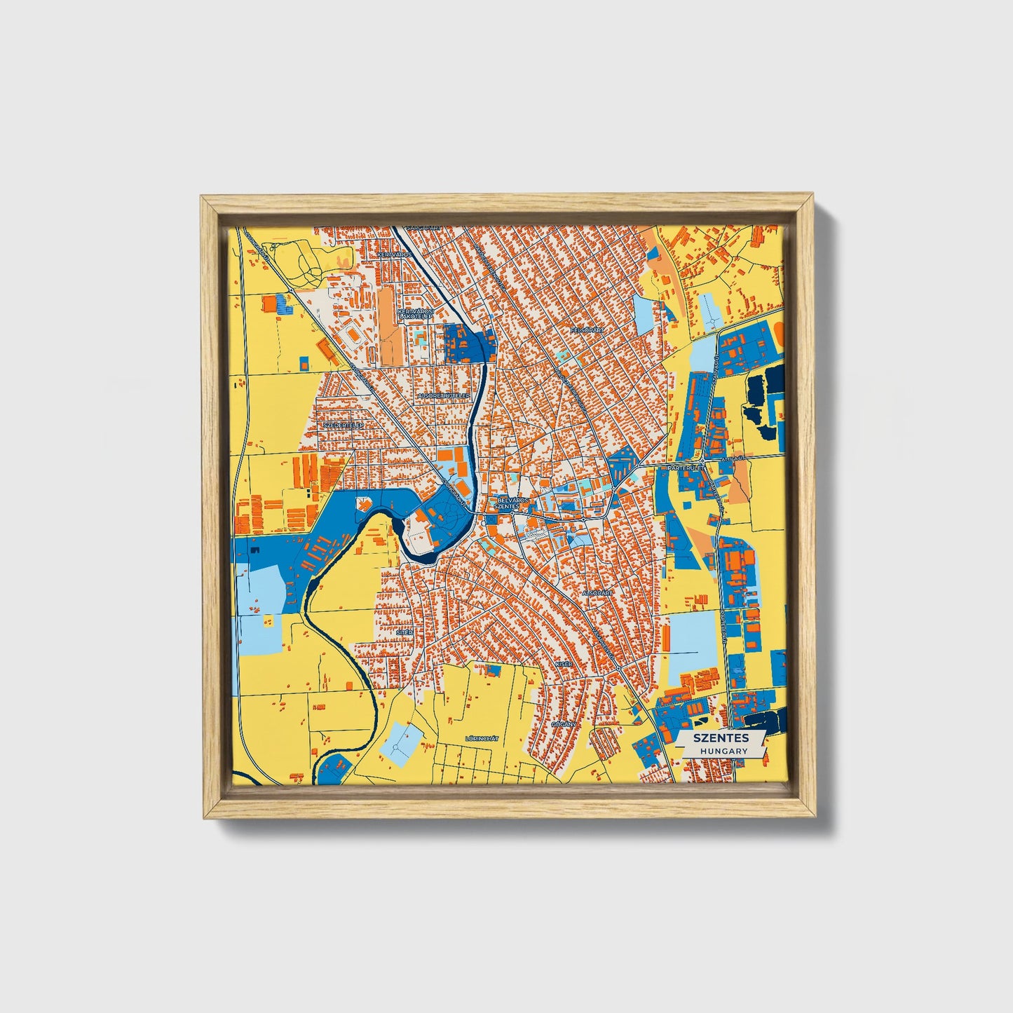 Szentes Hungary Colorful City Map Canvas Print • Natural Wooden Framed