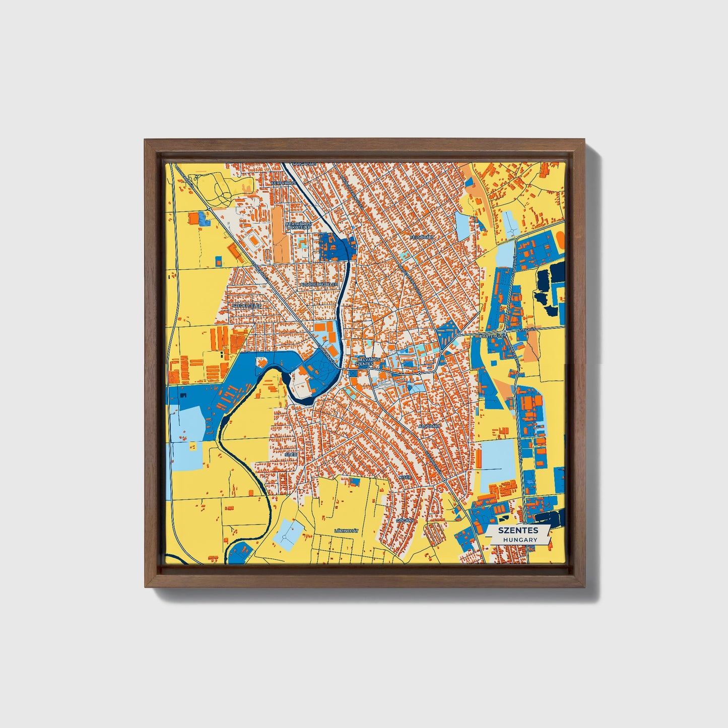 Szentes Hungary Colorful City Map Canvas Print • Dark Wooden Framed