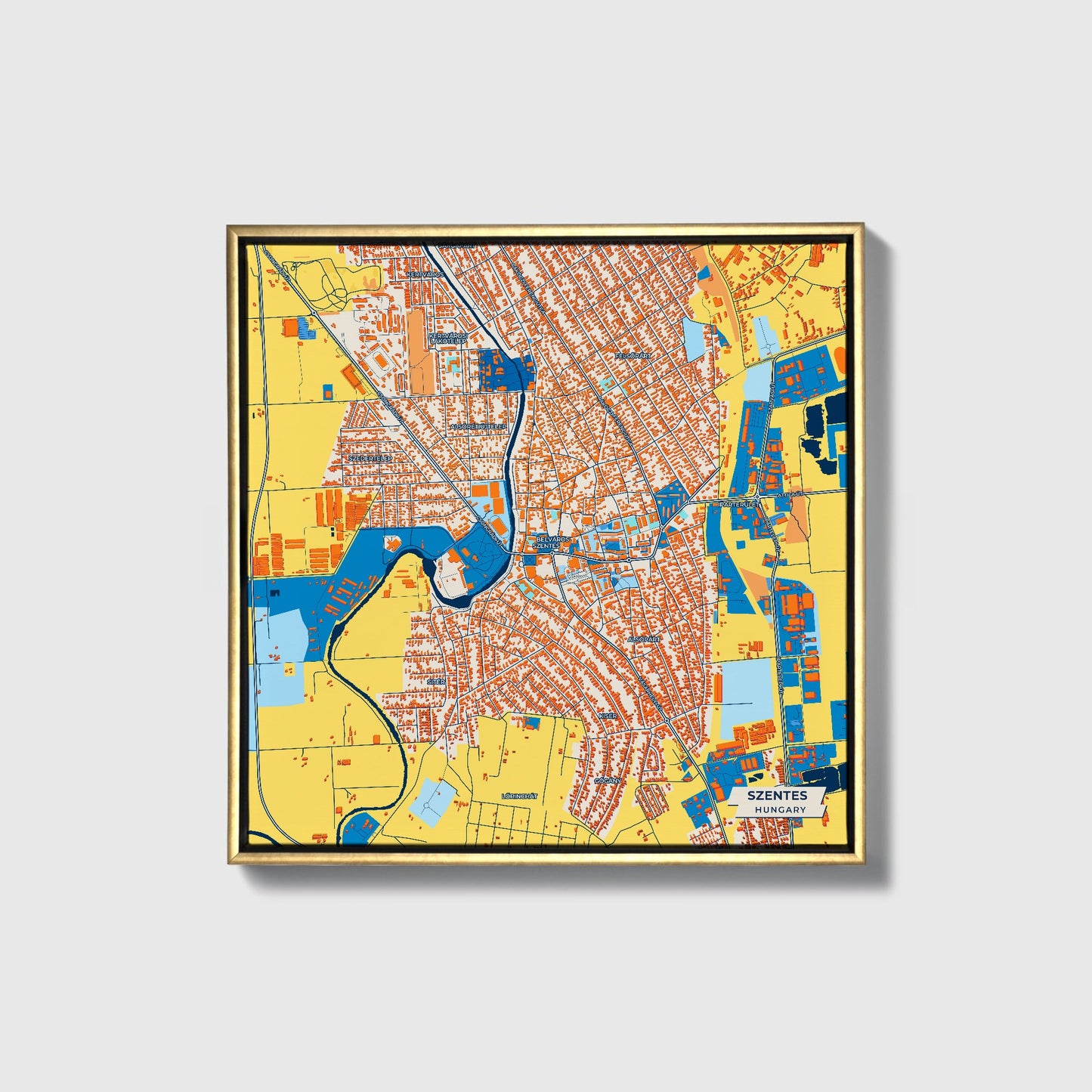 Szentes Hungary Colorful City Map Canvas Print • Gold Framed