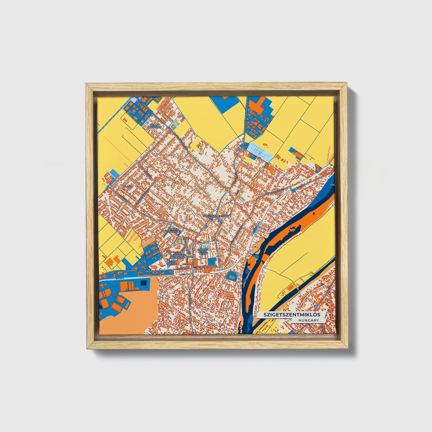 Szigetszentmiklós Hungary Colorful City Map Canvas Print • Natural Wooden Framed