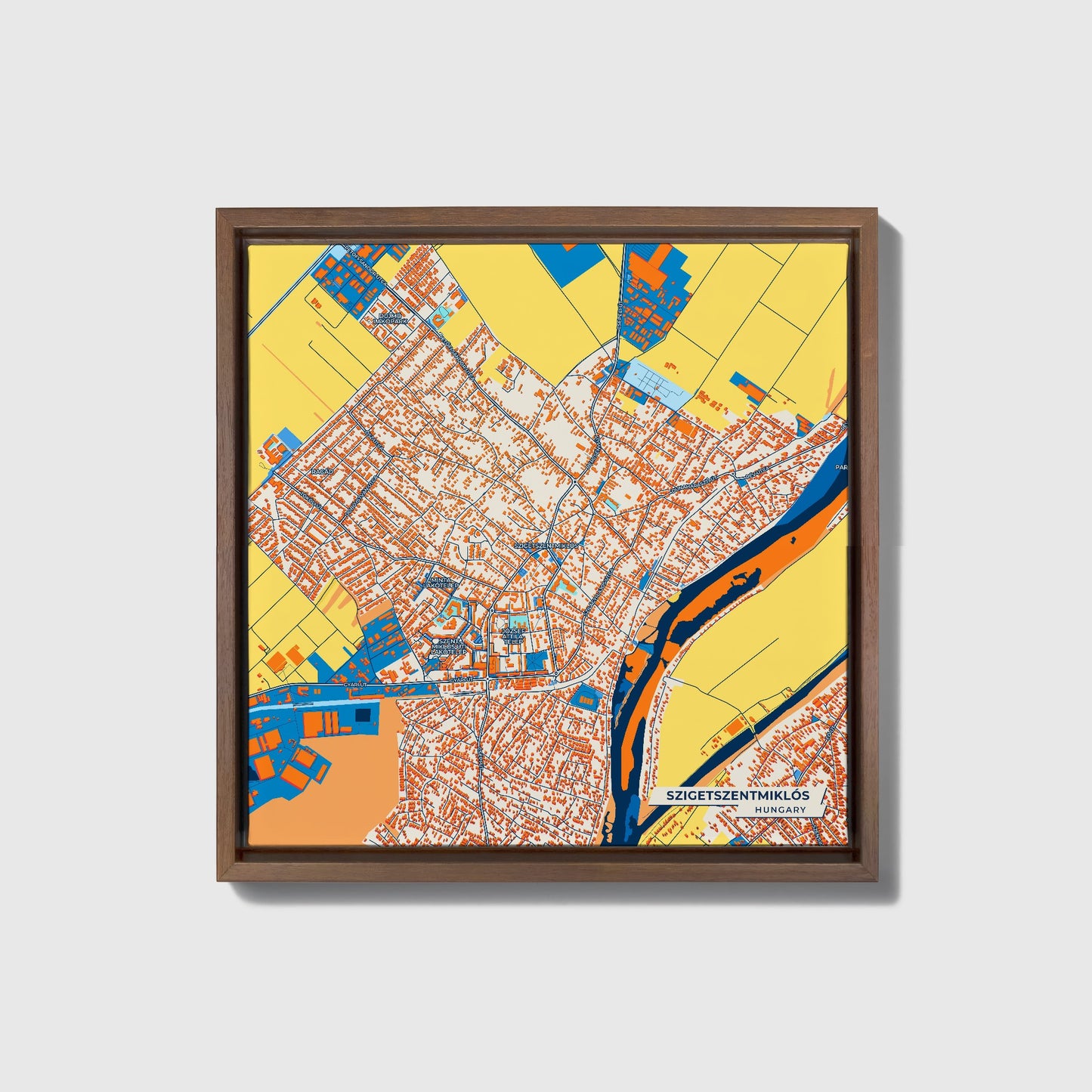 Szigetszentmiklós Hungary Colorful City Map Canvas Print • Dark Wooden Framed