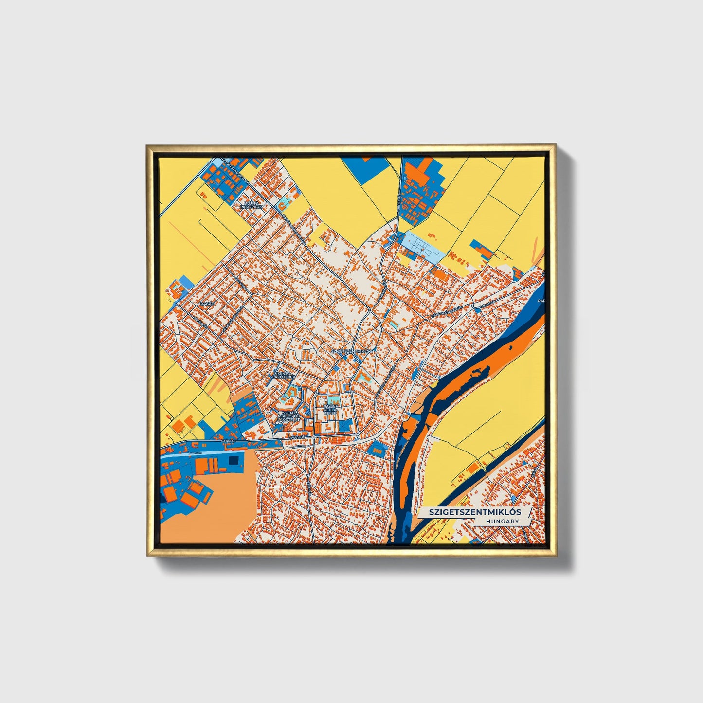 Szigetszentmiklós Hungary Colorful City Map Canvas Print • Gold Framed