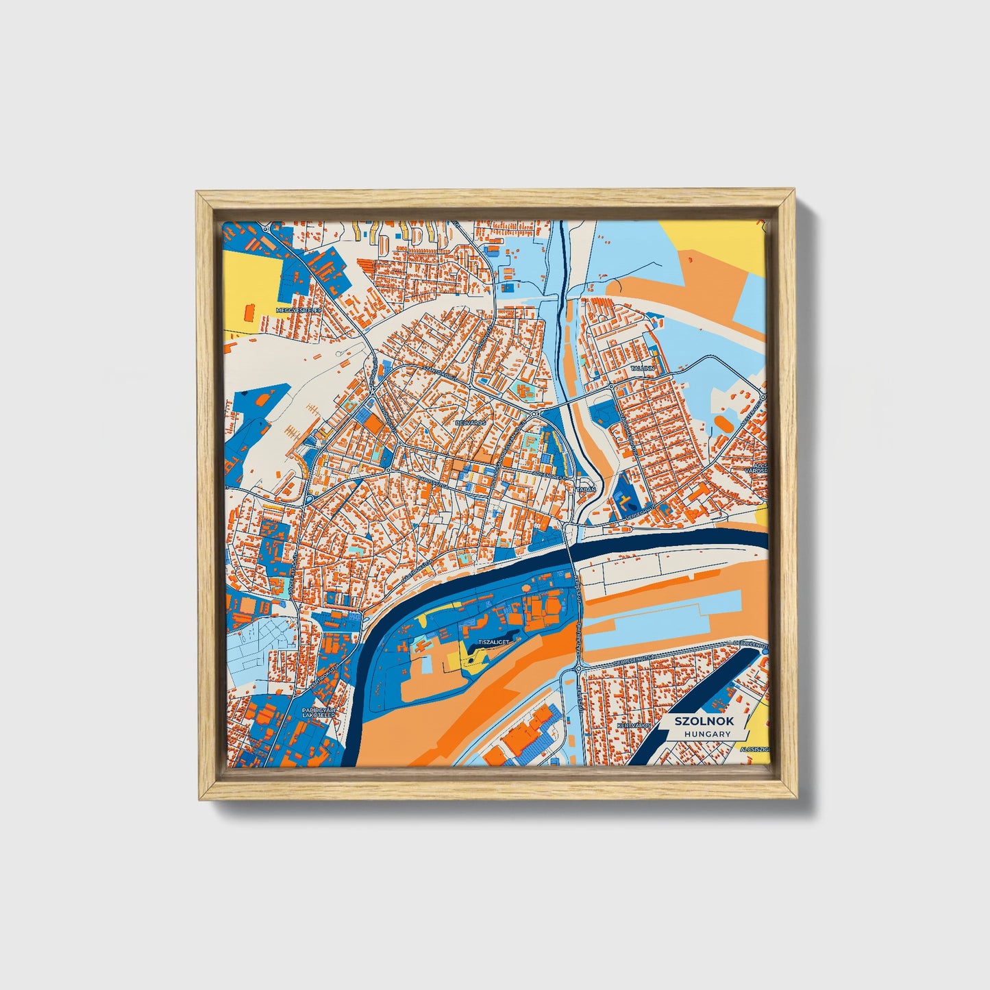Szolnok Hungary Colorful City Map Canvas Print • Natural Wooden Framed
