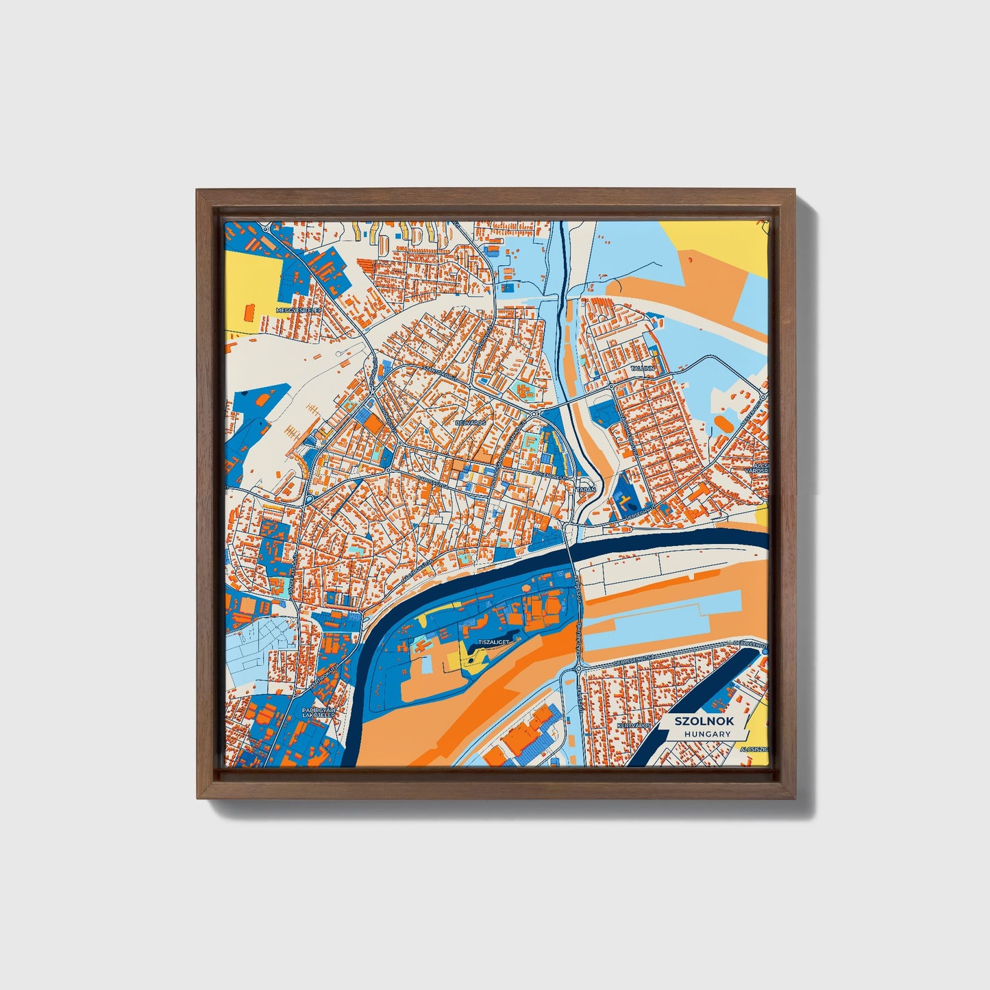 Szolnok Hungary Colorful City Map Canvas Print • Dark Wooden Framed