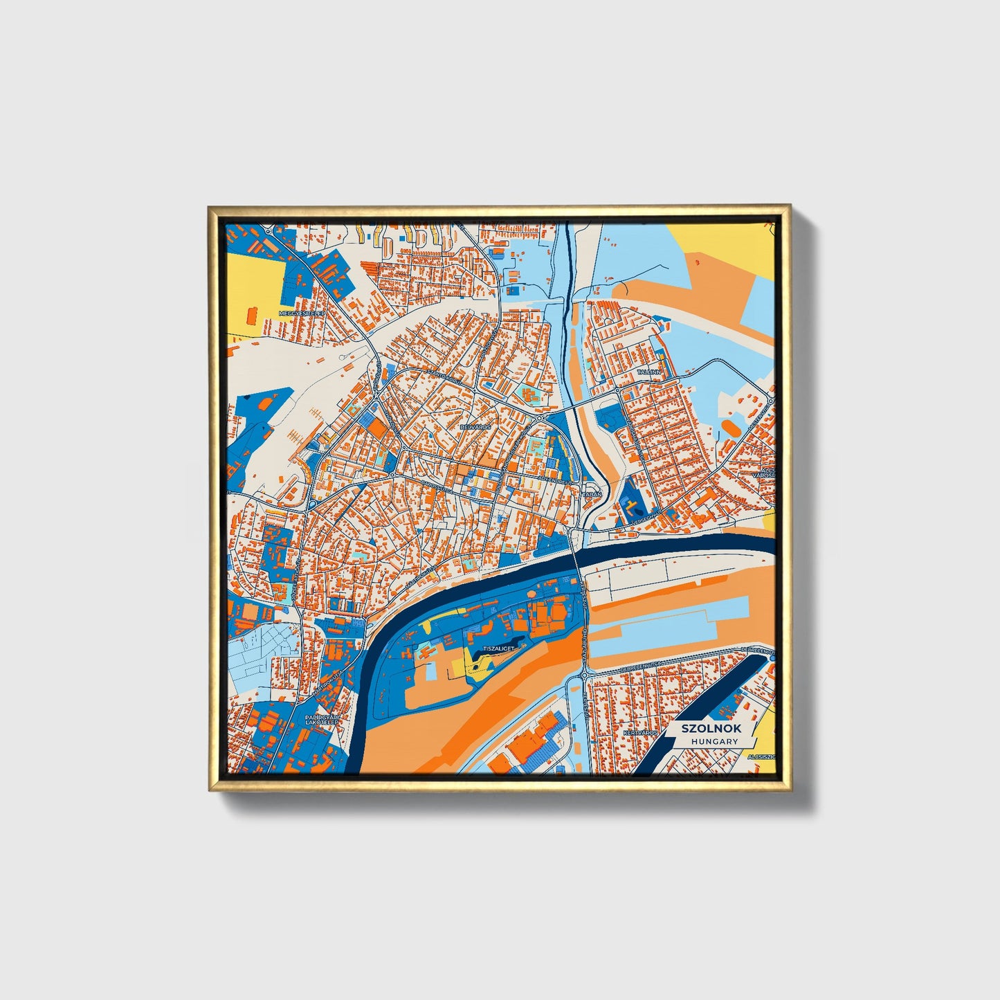 Szolnok Hungary Colorful City Map Canvas Print • Gold Framed