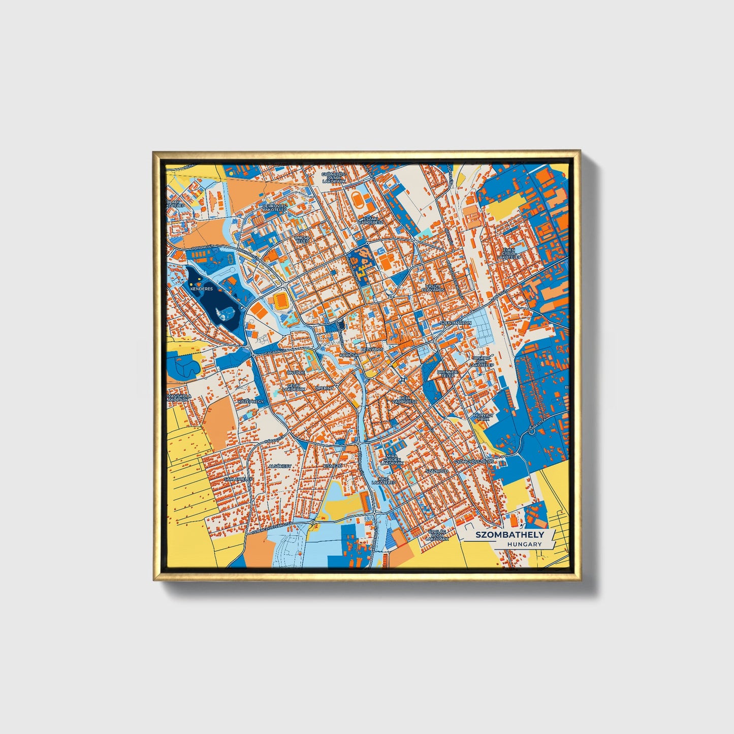 Szombathely Hungary Colorful City Map Canvas Print • Gold Framed