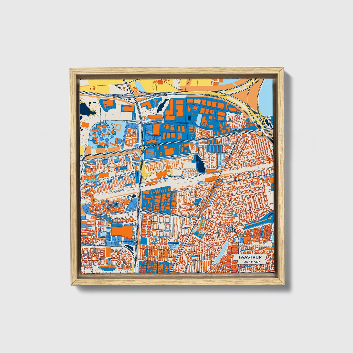 Taastrup Denmark Colorful City Map Canvas Print • Natural Wooden Framed