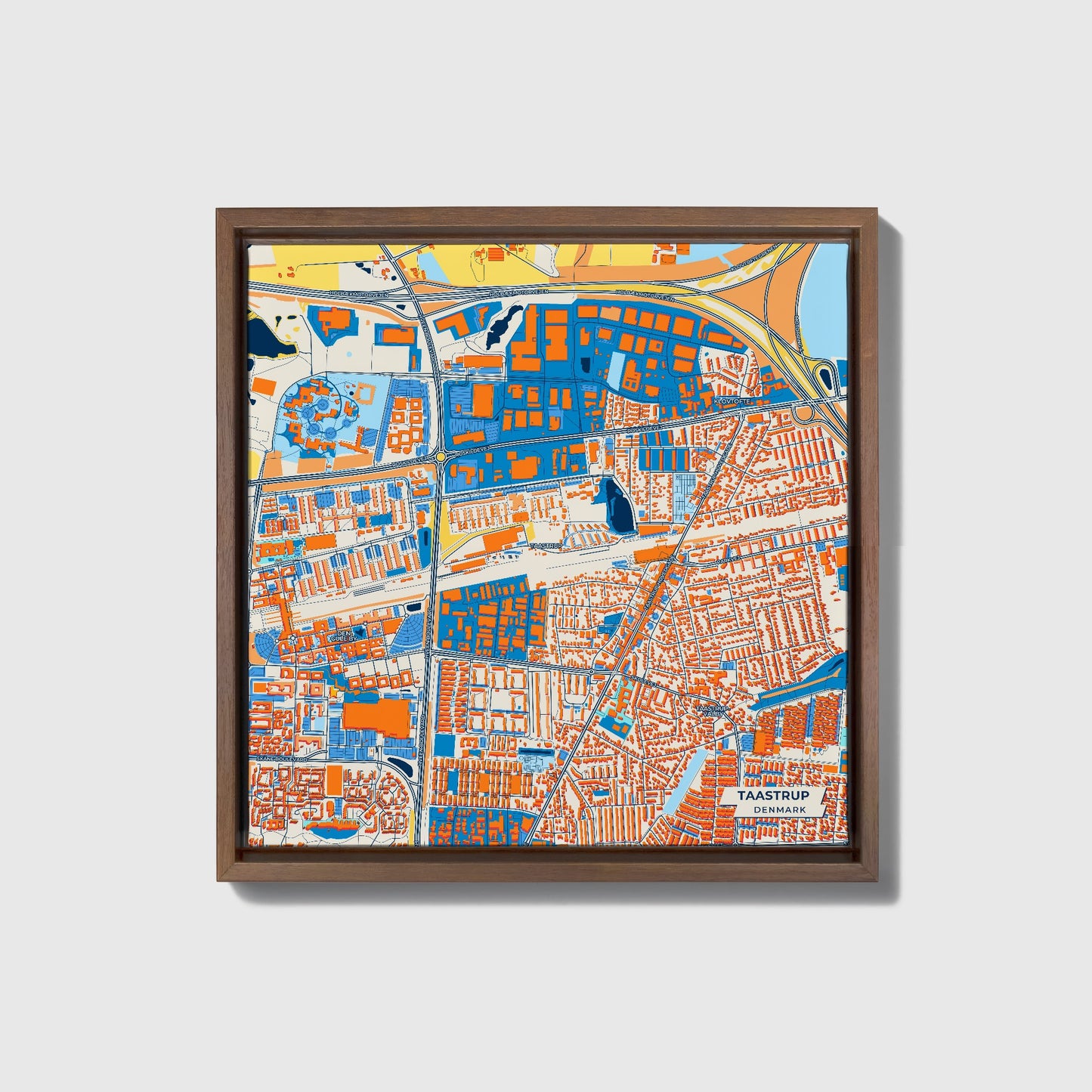 Taastrup Denmark Colorful City Map Canvas Print • Dark Wooden Framed
