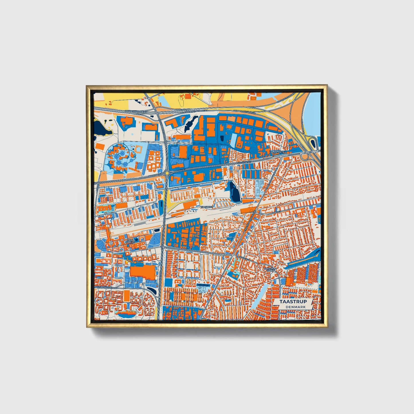Taastrup Denmark Colorful City Map Canvas Print • Gold Framed