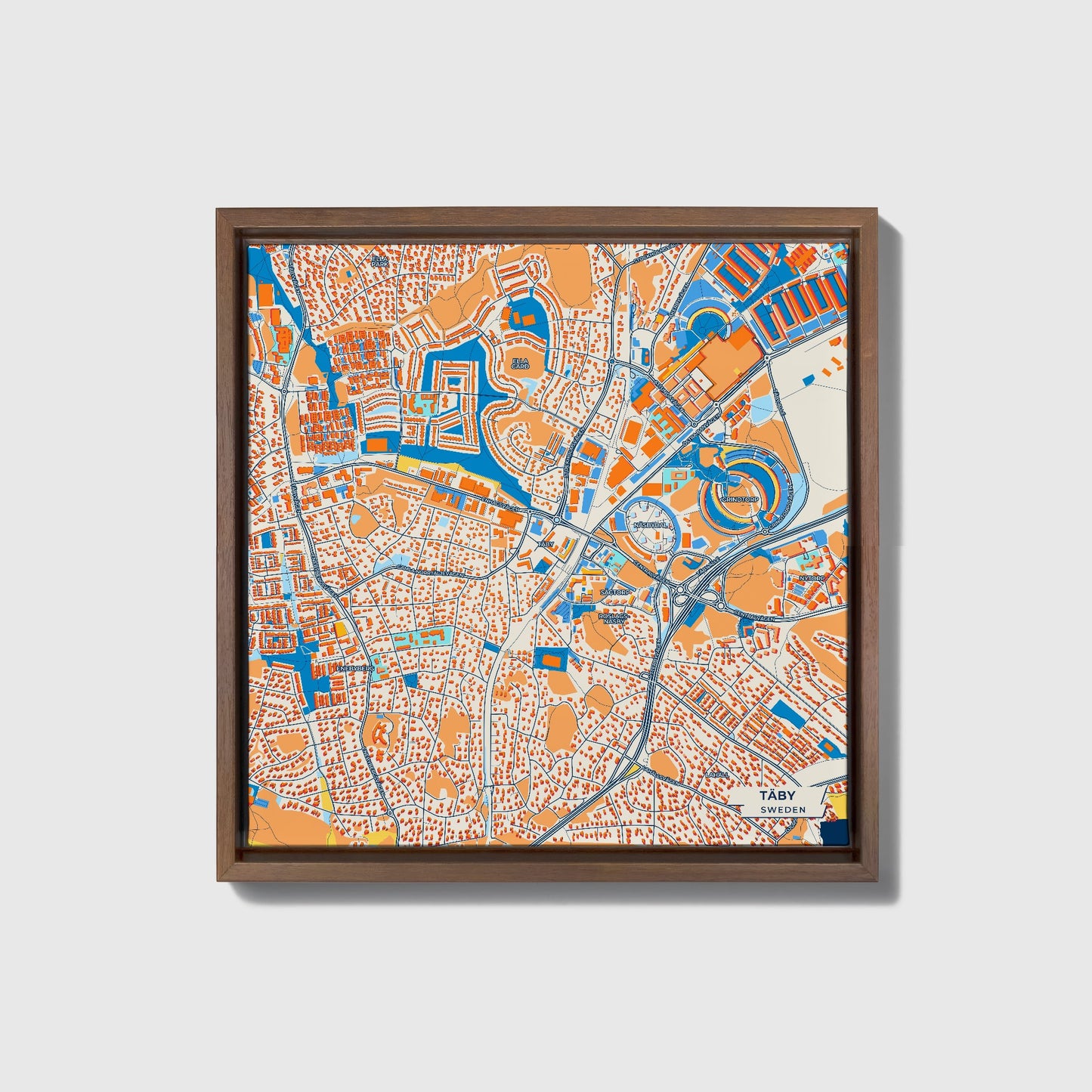 Täby Sweden Colorful City Map Canvas Print • Dark Wooden Framed