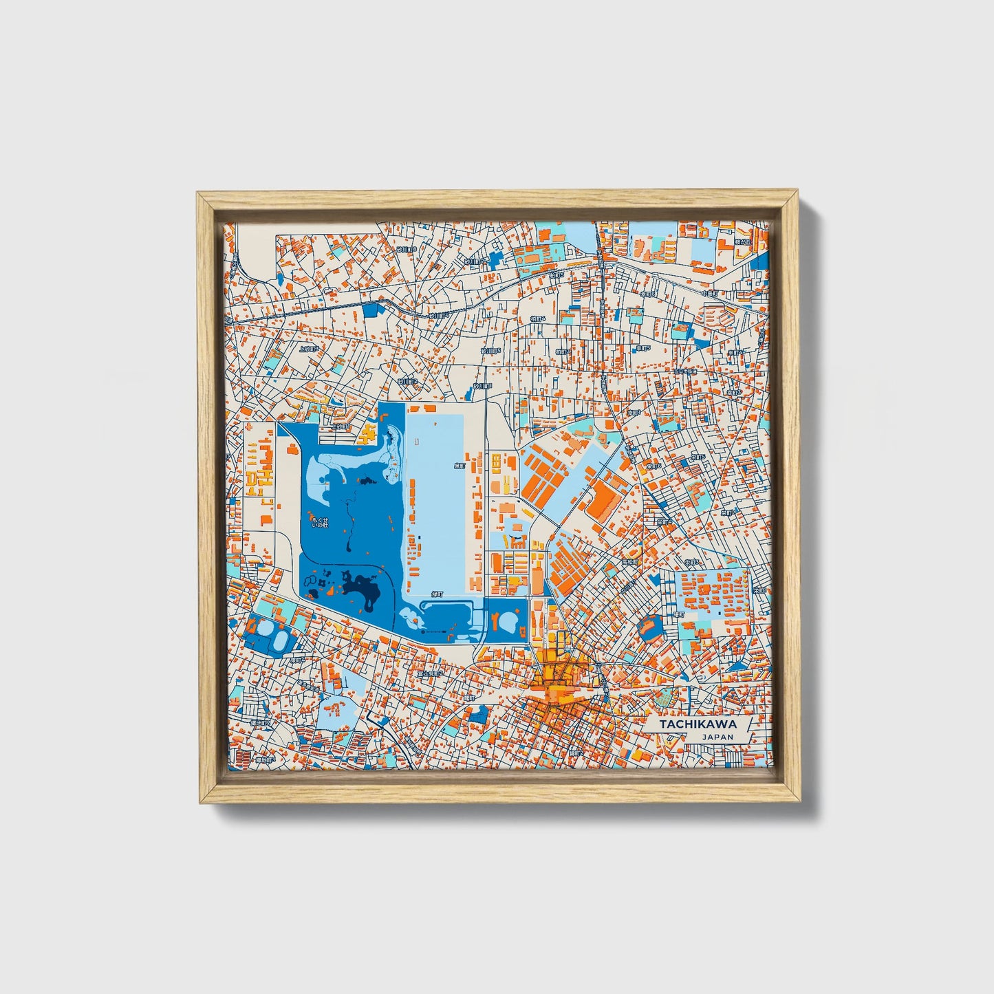 Tachikawa Japan Colorful City Map Canvas Print • Natural Wooden Framed
