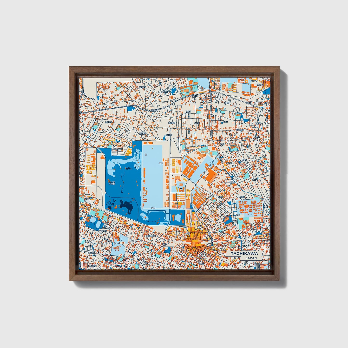 Tachikawa Japan Colorful City Map Canvas Print • Dark Wooden Framed