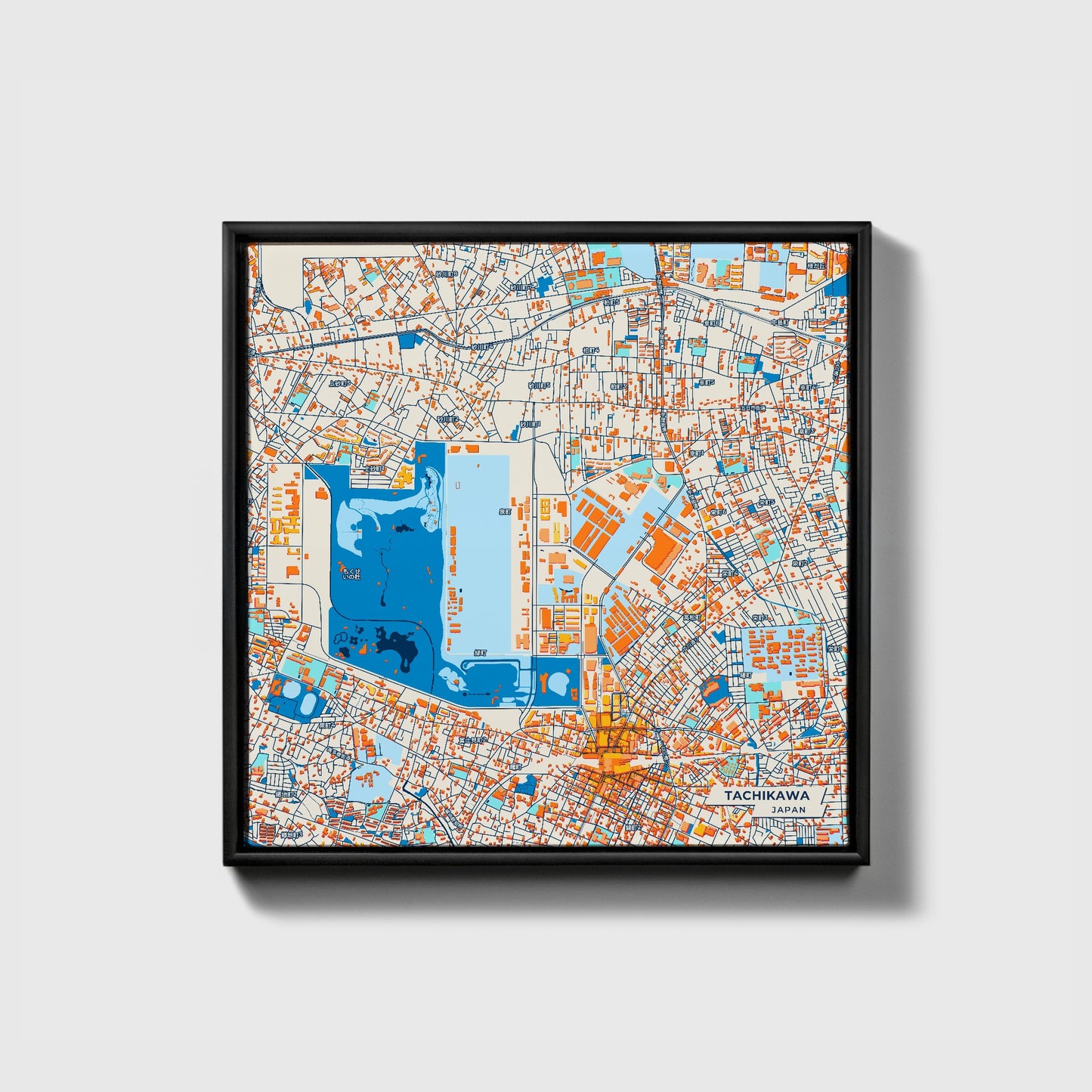Tachikawa Japan Colorful City Map Canvas Print • Black Framed