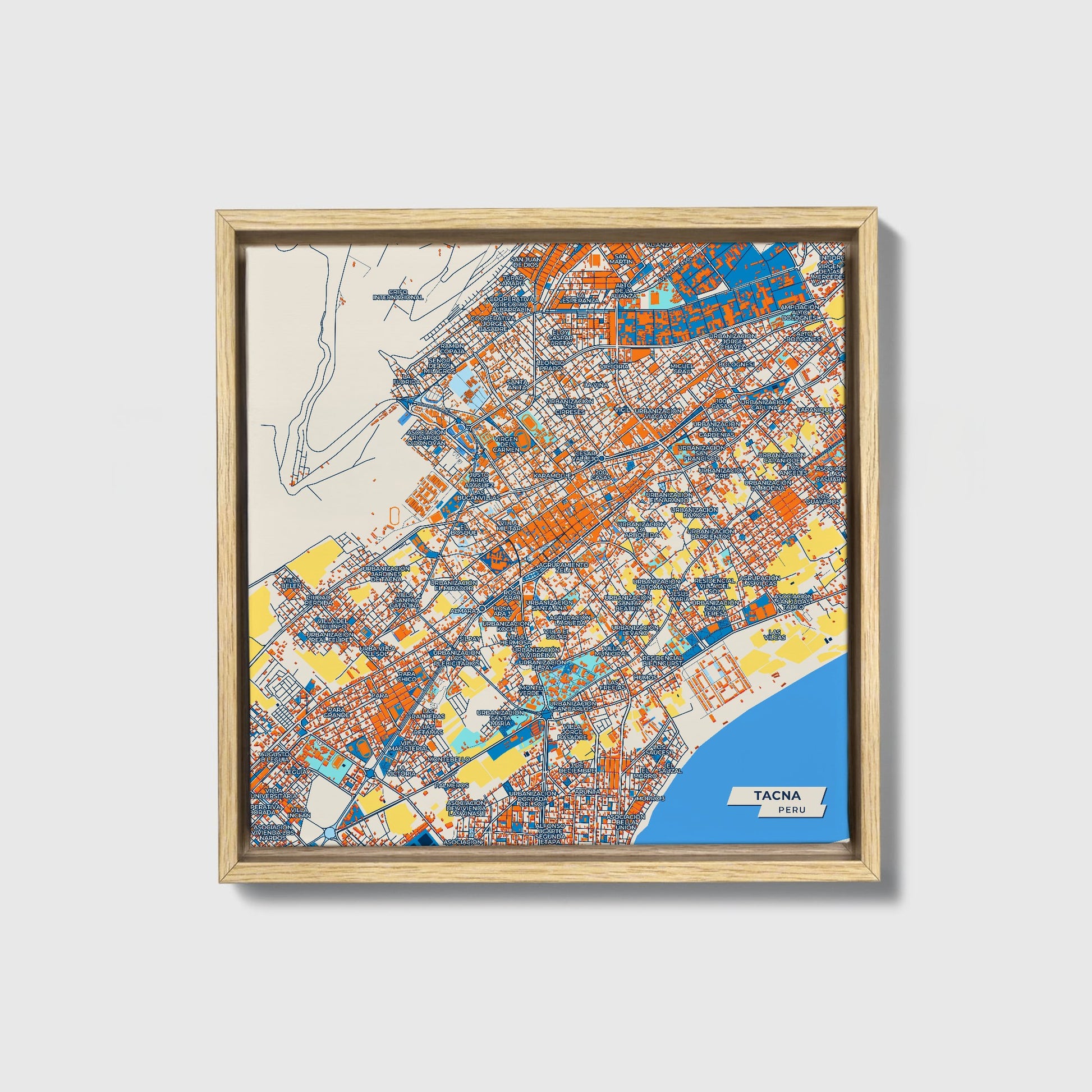 Tacna Peru Colorful City Map Canvas Print • Natural Wooden Framed
