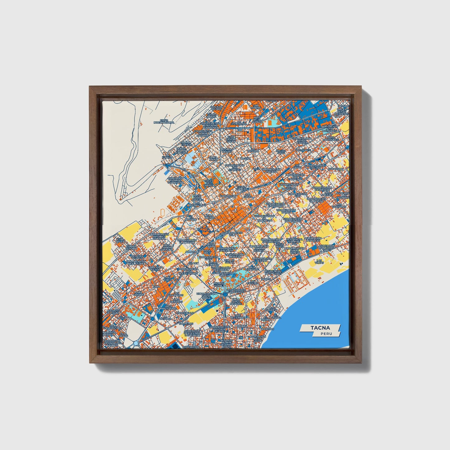 Tacna Peru Colorful City Map Canvas Print • Dark Wooden Framed