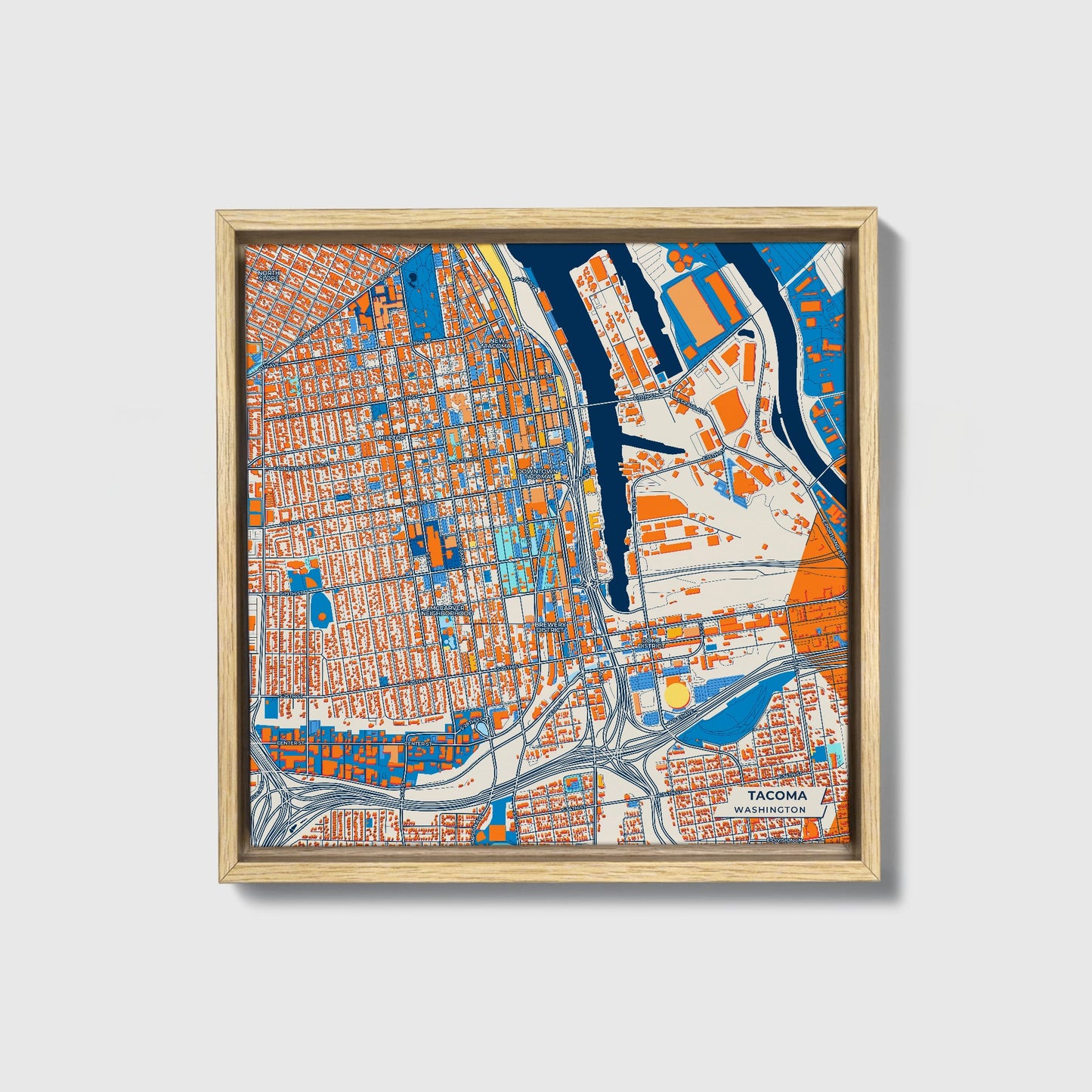 Tacoma Washington Colorful City Map Canvas Print • Natural Wooden Framed