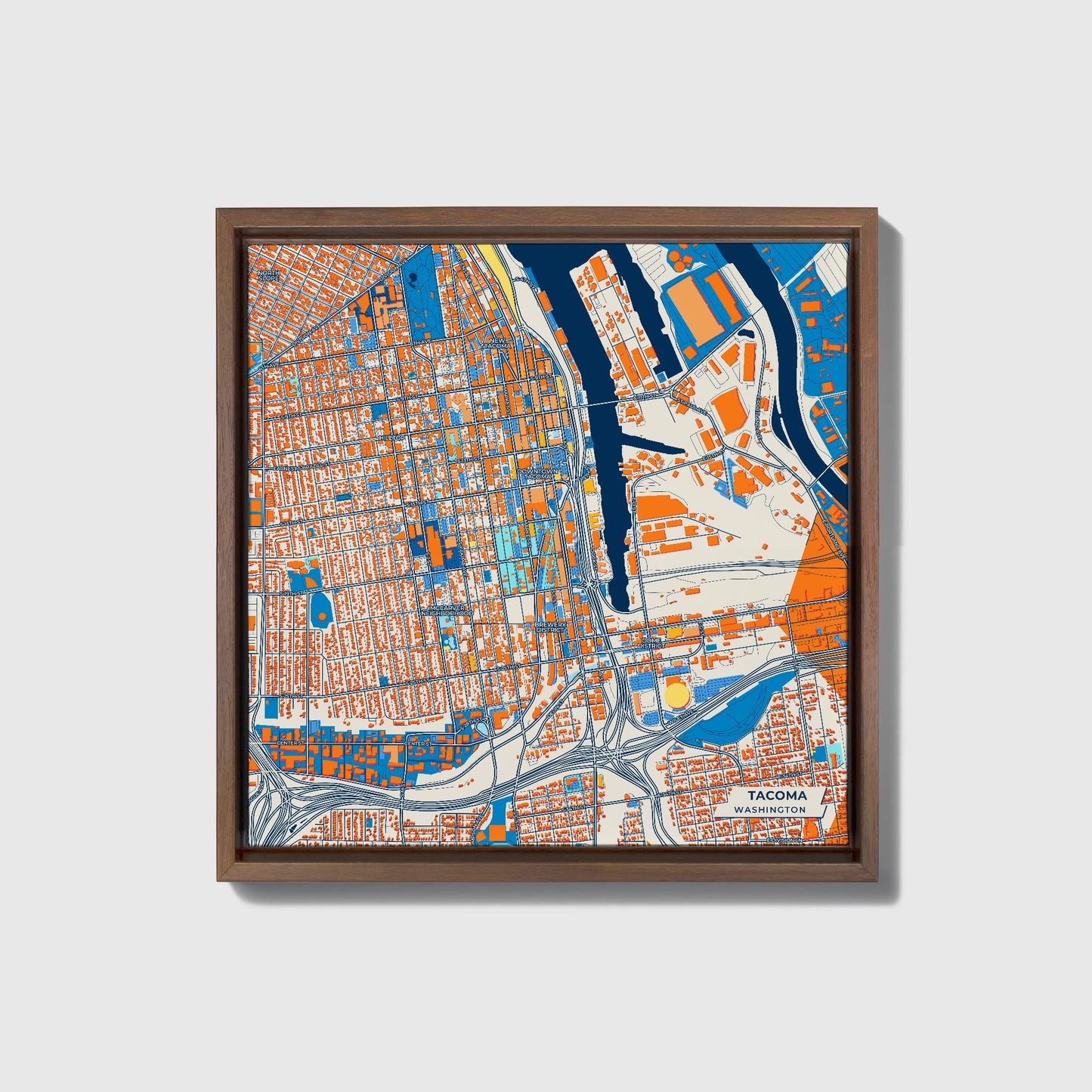 Tacoma Washington Colorful City Map Canvas Print • Dark Wooden Framed