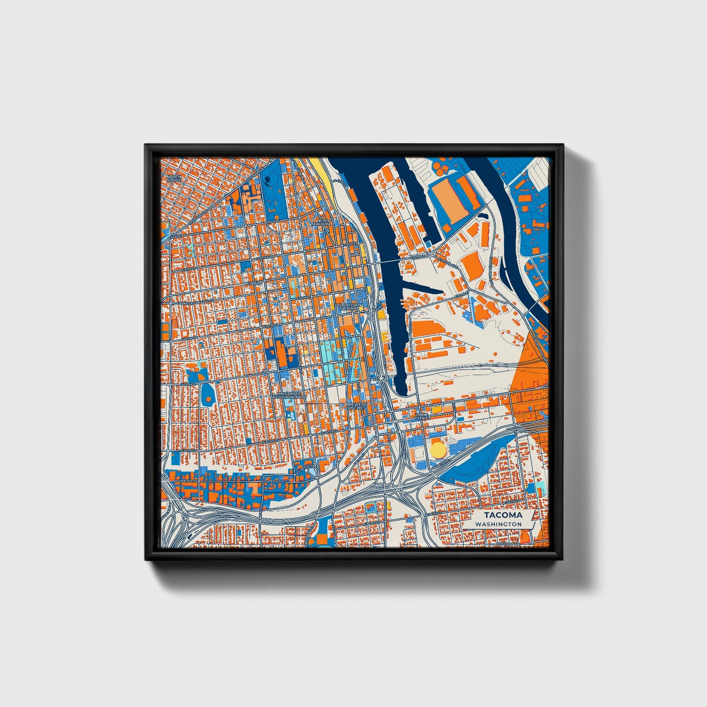 Tacoma Washington Colorful City Map Canvas Print • Black Framed