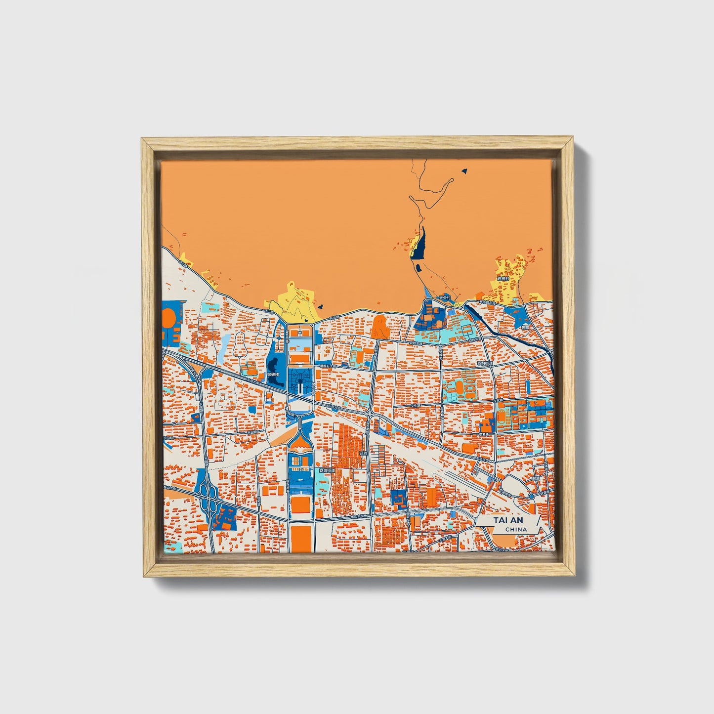 Tai An China Colorful City Map Canvas Print • Natural Wooden Framed