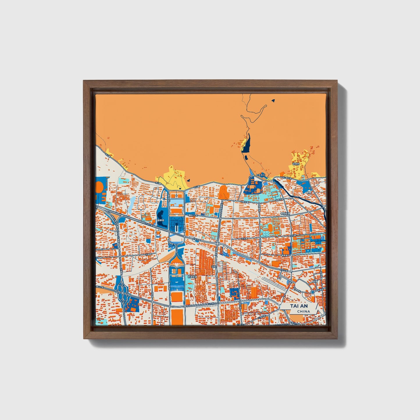 Tai An China Colorful City Map Canvas Print • Dark Wooden Framed