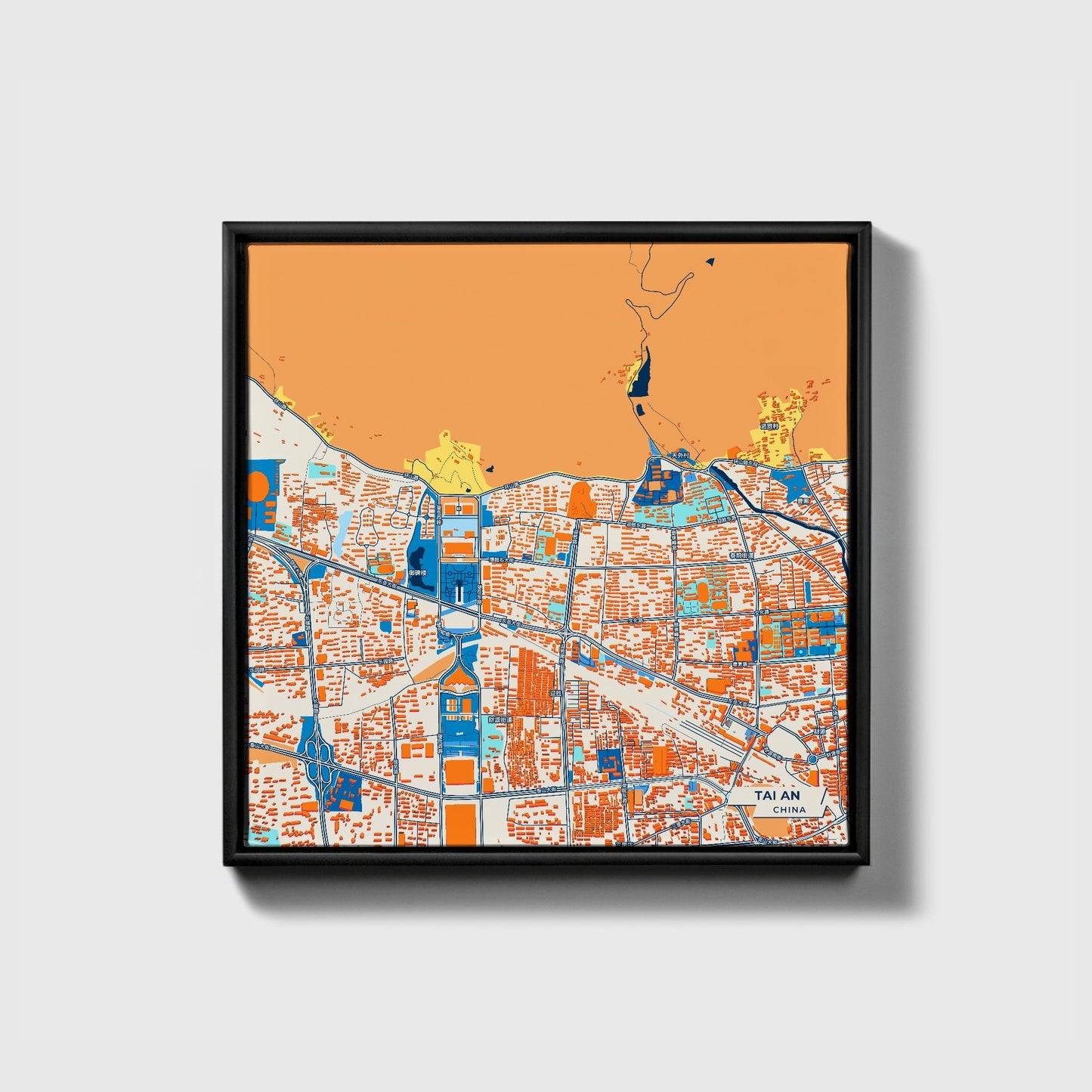 Tai An China Colorful City Map Canvas Print • Black Framed