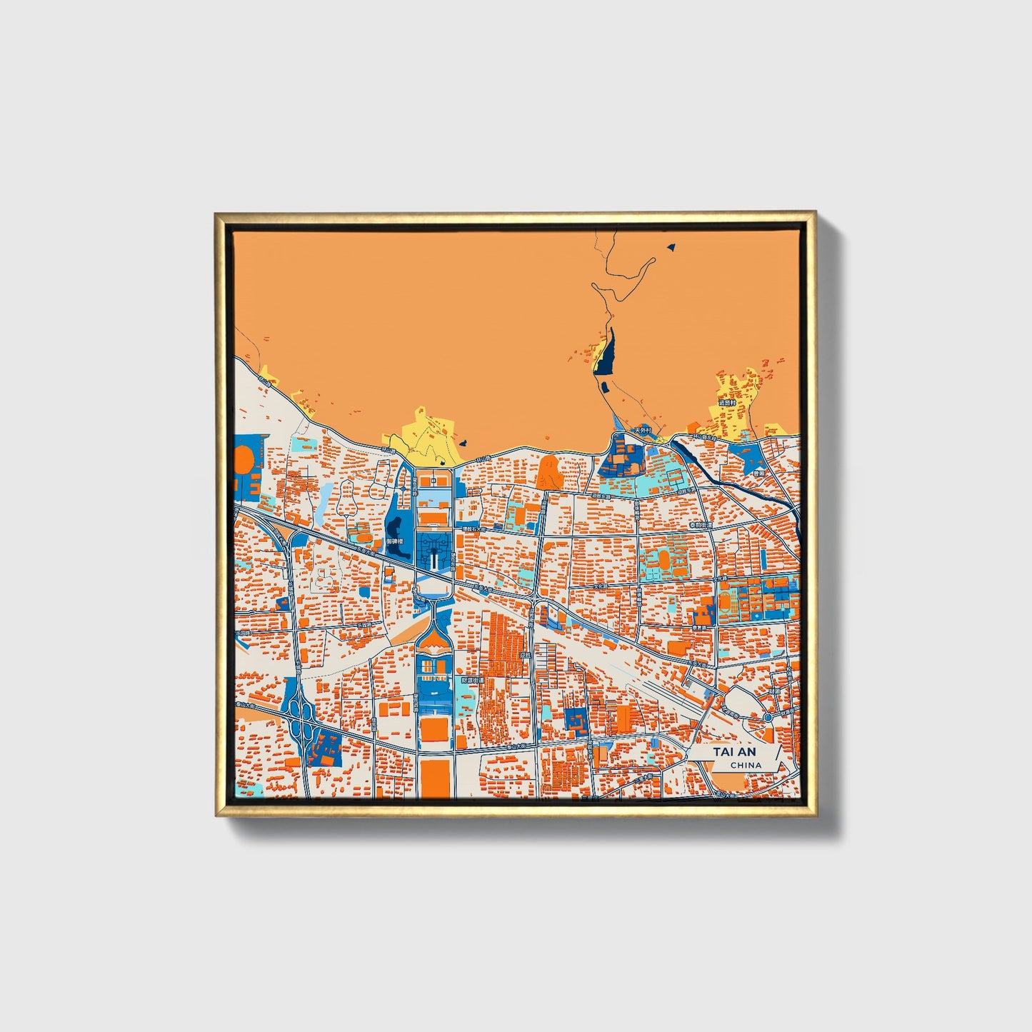 Tai An China Colorful City Map Canvas Print • Gold Framed