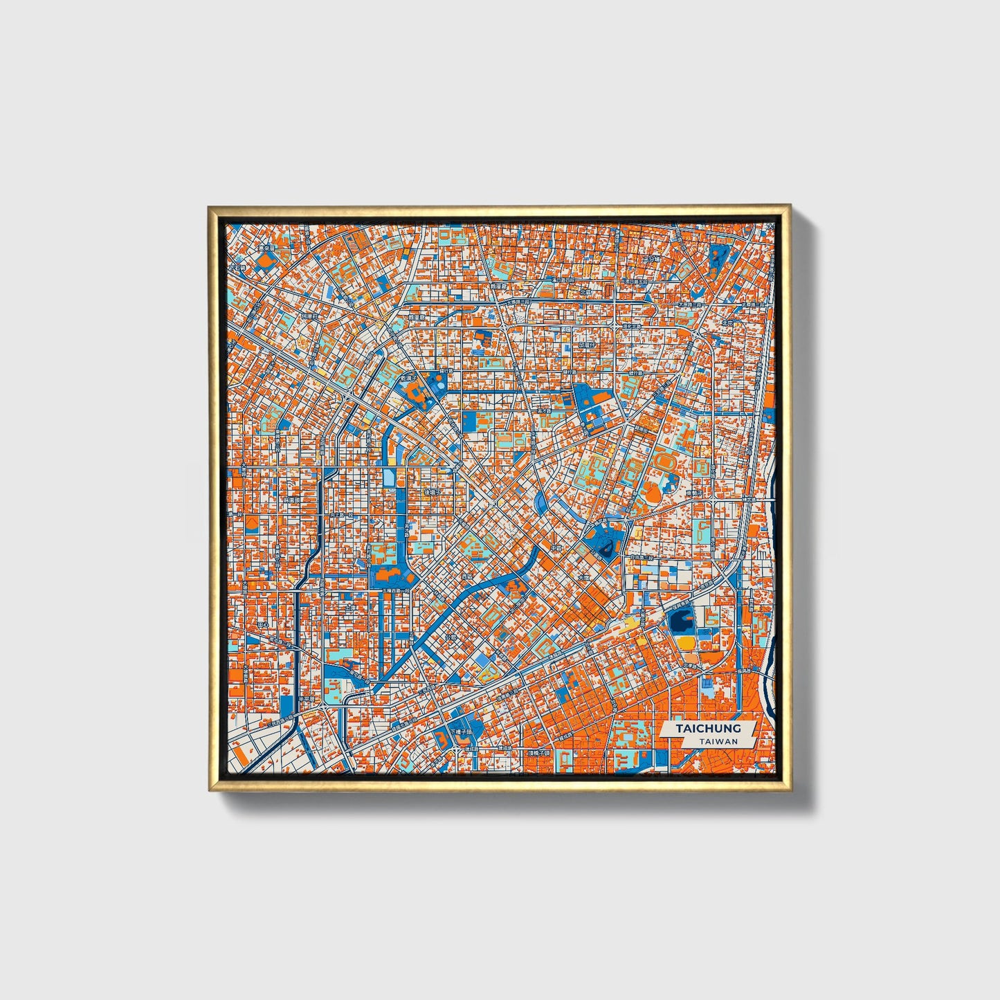 Taichung Taiwan Colorful City Map Canvas Print • Gold Framed