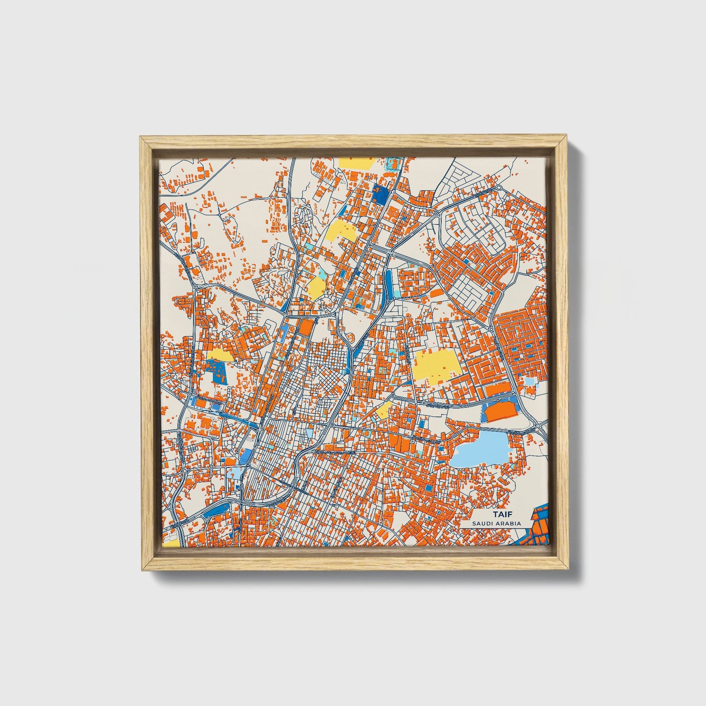 Taif Saudi Arabia Colorful City Map Canvas Print • Natural Wooden Framed