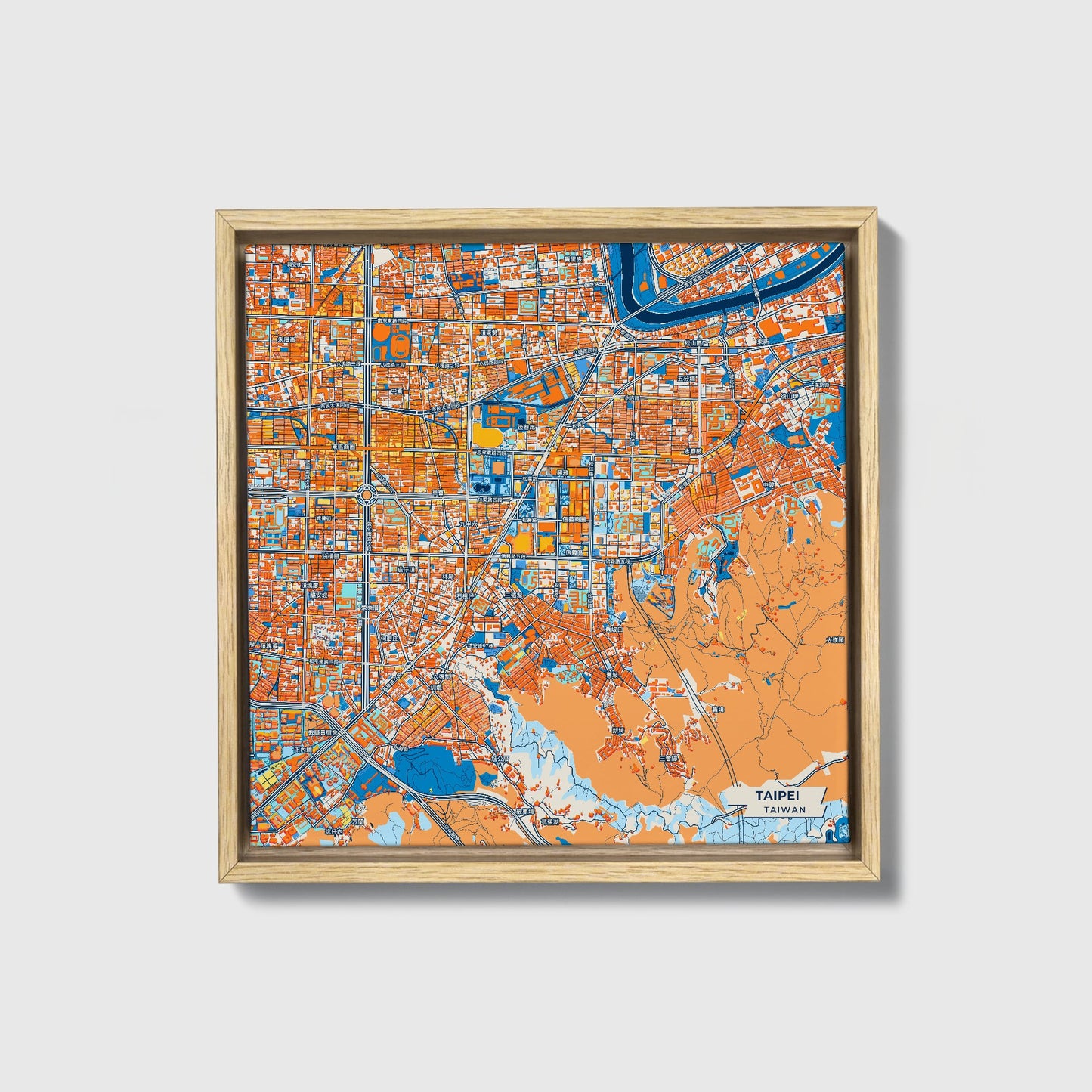 Taipei Taiwan Colorful City Map Canvas Print • Natural Wooden Framed
