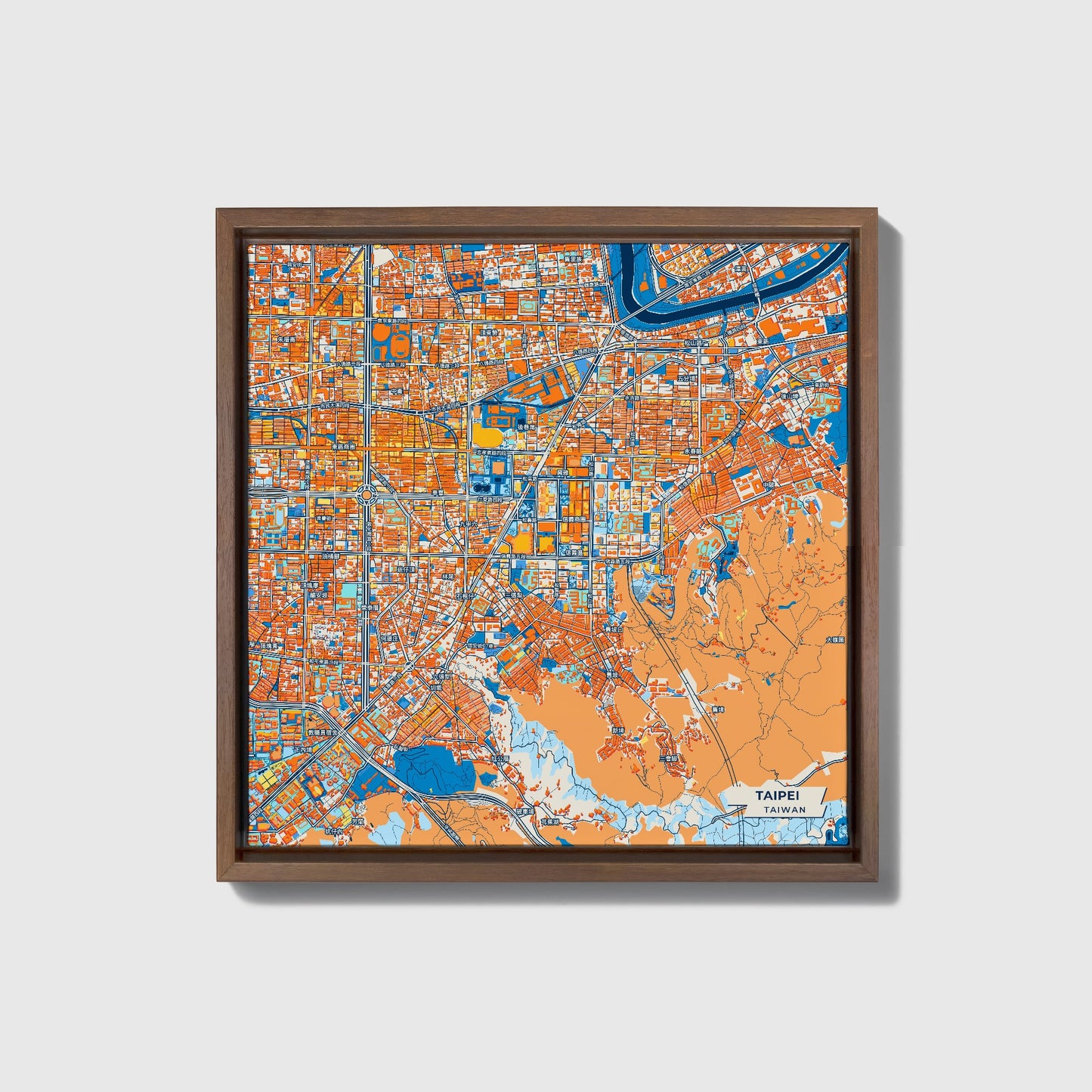 Taipei Taiwan Colorful City Map Canvas Print • Dark Wooden Framed