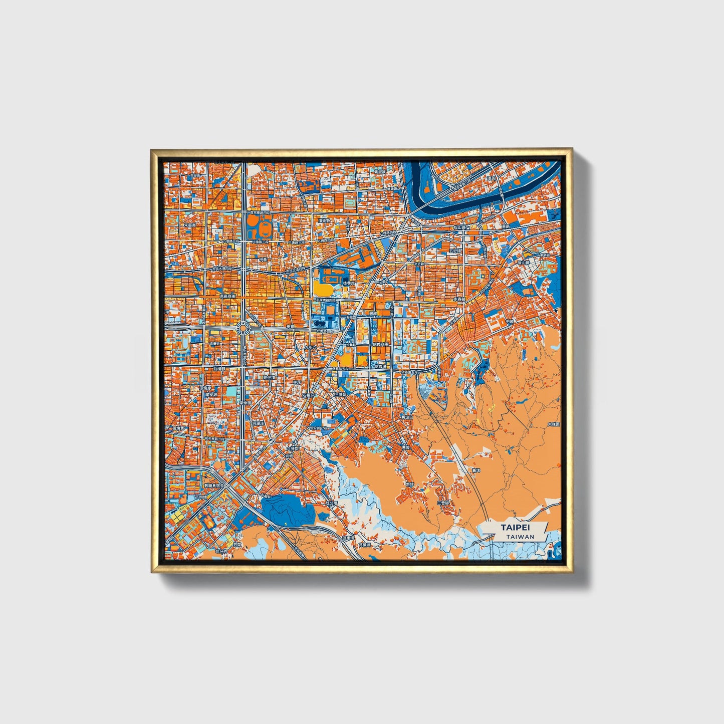Taipei Taiwan Colorful City Map Canvas Print • Gold Framed