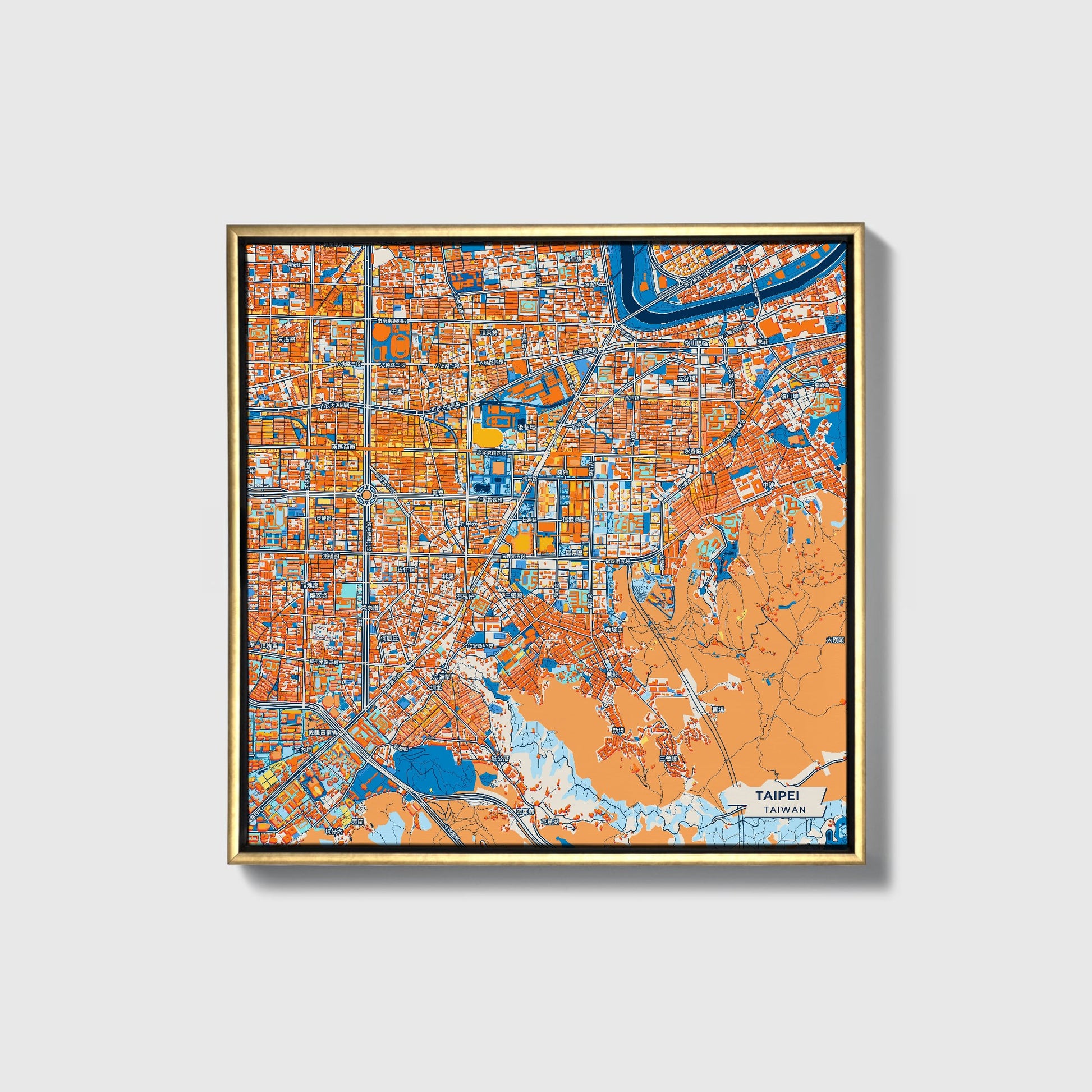 Taipei Taiwan Colorful City Map Canvas Print • Gold Framed
