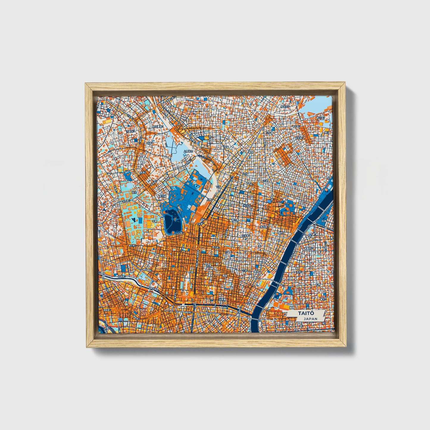 Taitō Japan Colorful City Map Canvas Print • Natural Wooden Framed