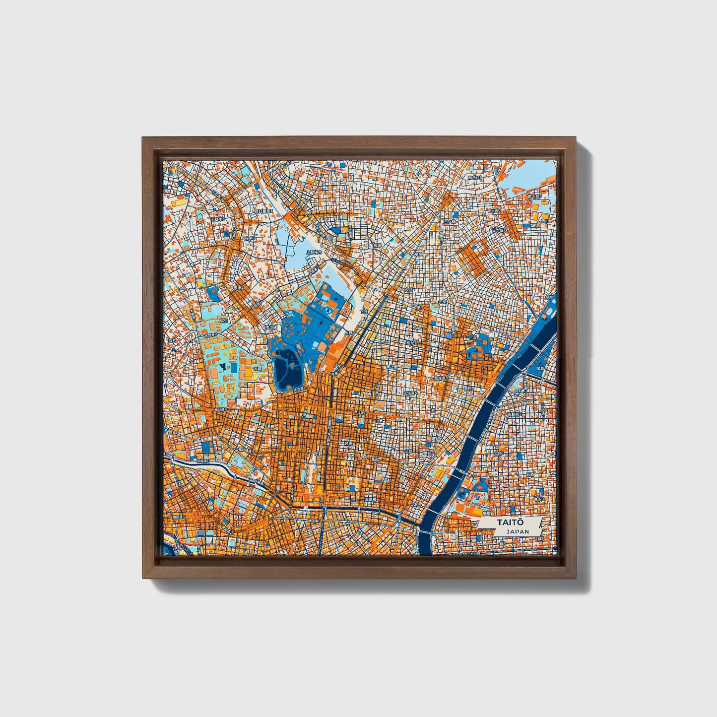 Taitō Japan Colorful City Map Canvas Print • Dark Wooden Framed