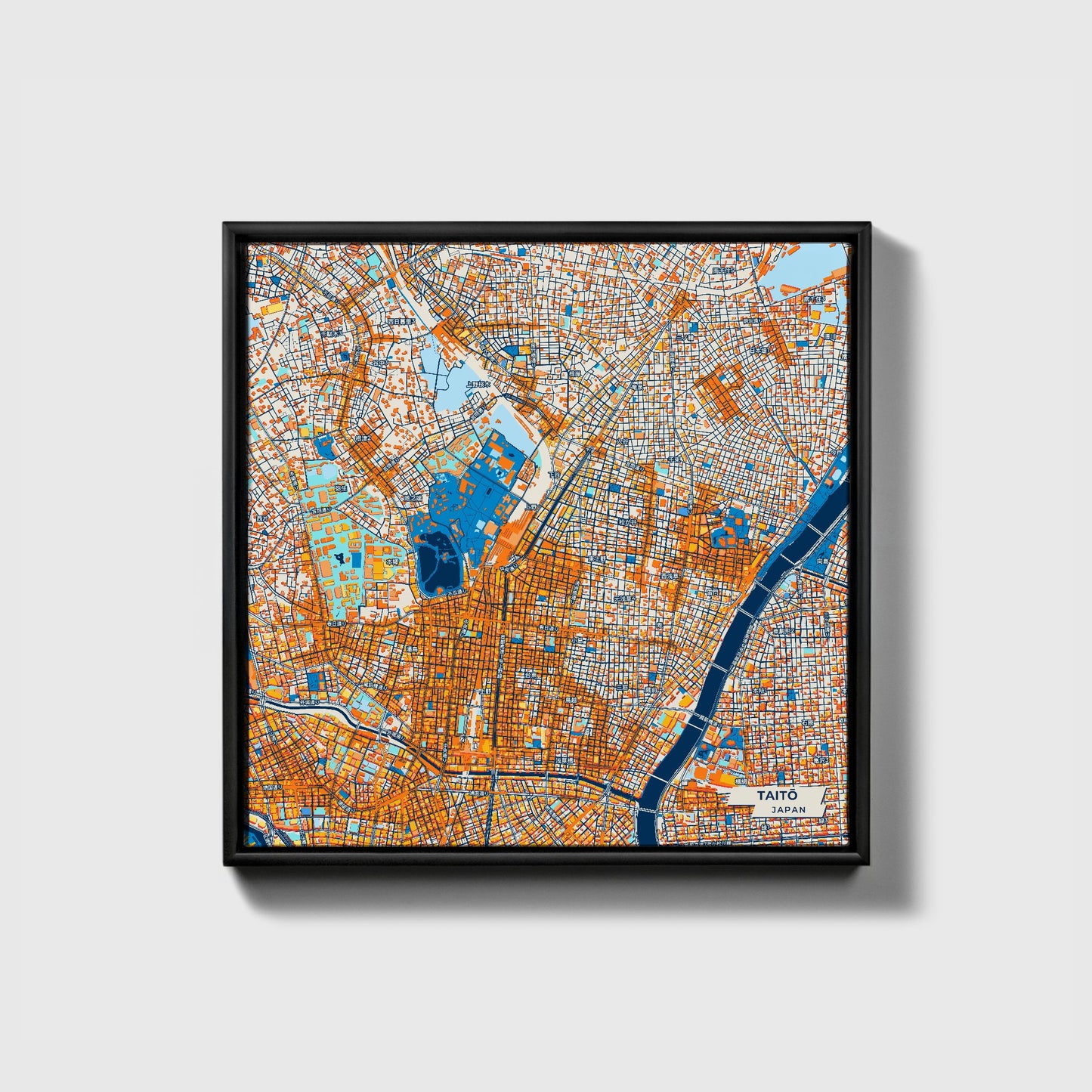 Taitō Japan Colorful City Map Canvas Print • Black Framed
