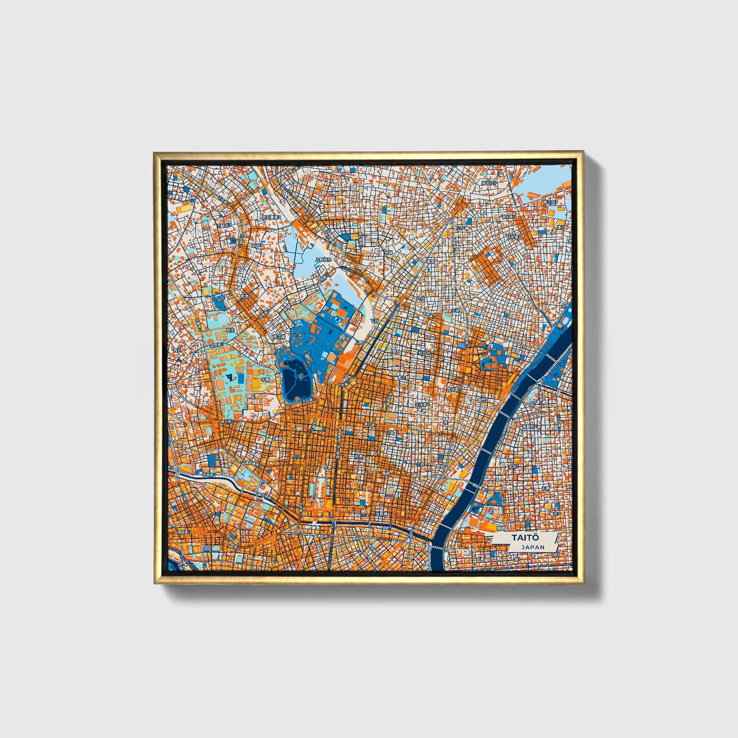 Taitō Japan Colorful City Map Canvas Print • Gold Framed