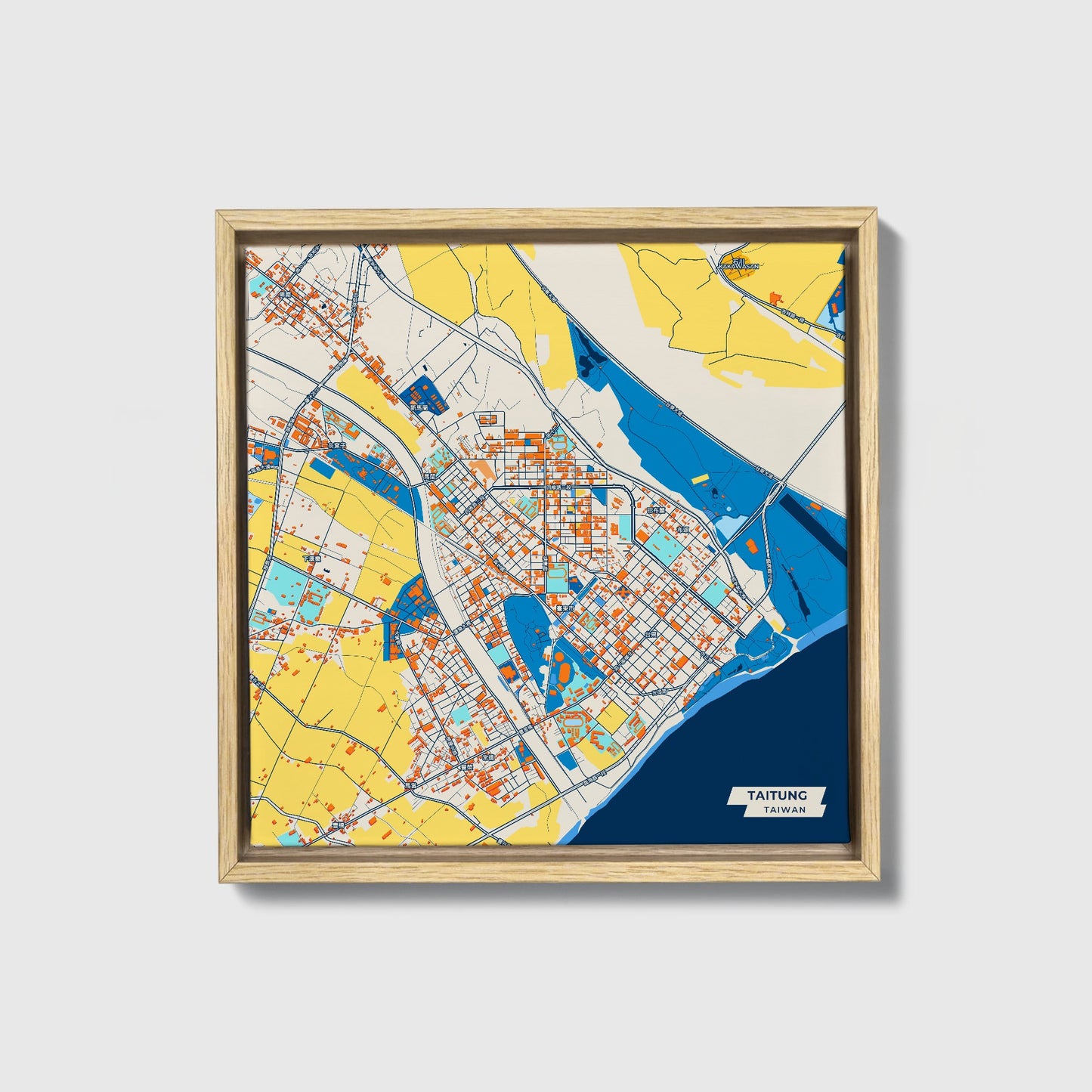 Taitung Taiwan Colorful City Map Canvas Print • Natural Wooden Framed