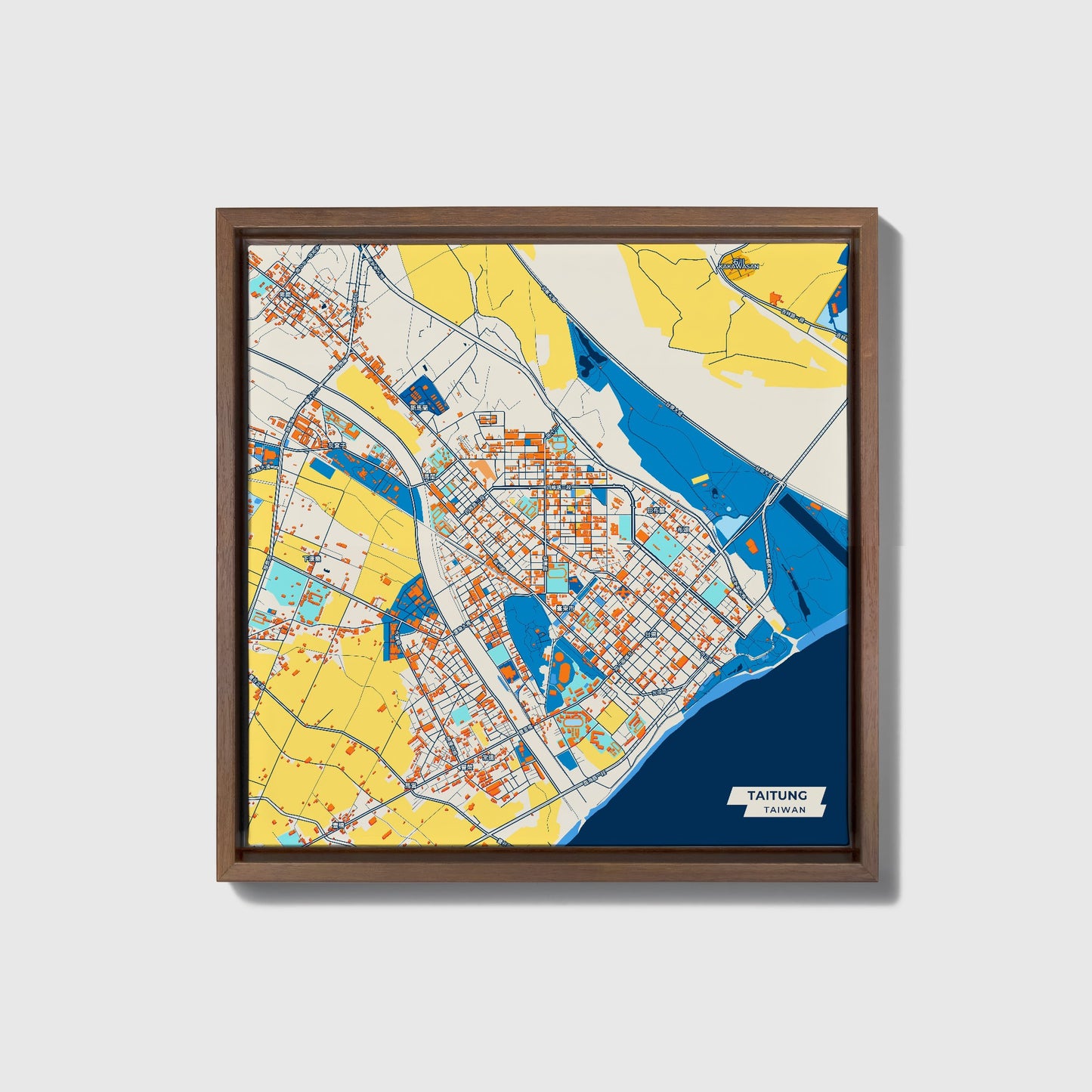 Taitung Taiwan Colorful City Map Canvas Print • Dark Wooden Framed
