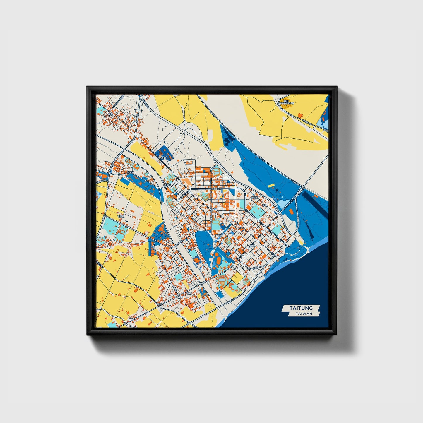 Taitung Taiwan Colorful City Map Canvas Print • Black Framed