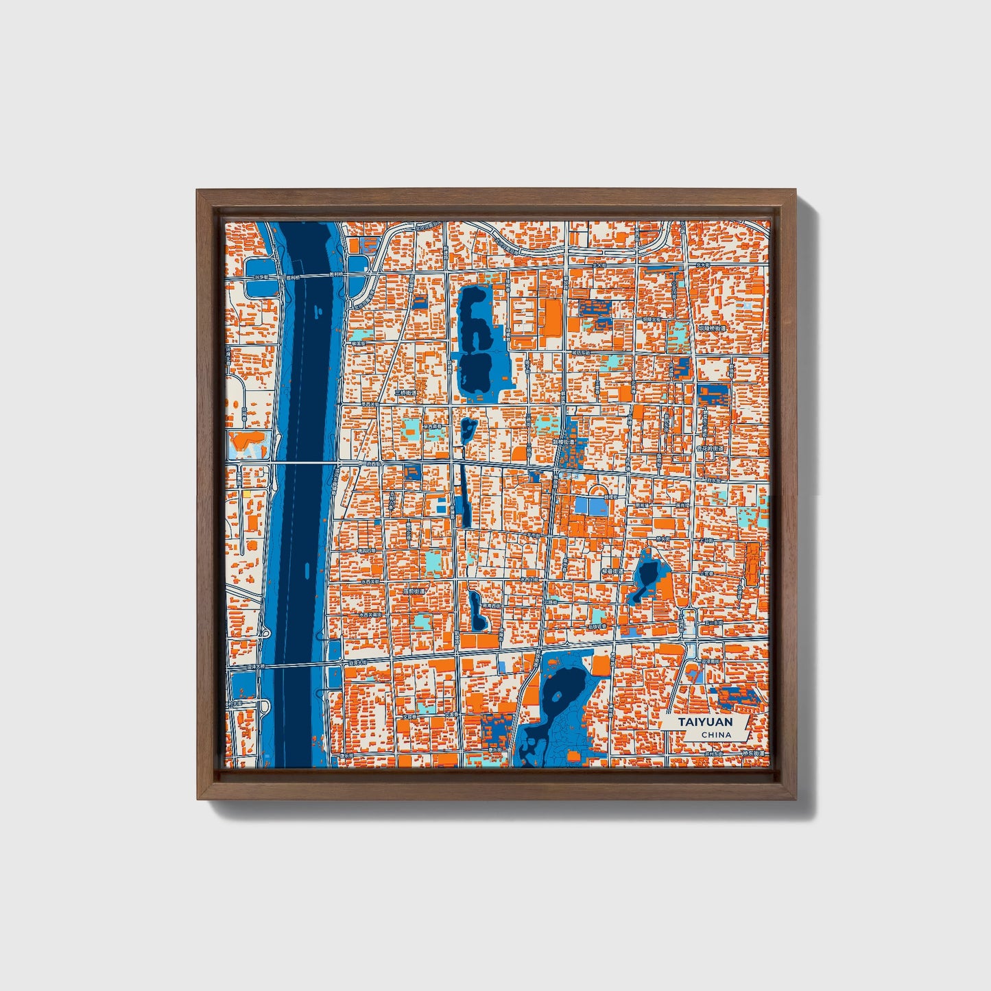 Taiyuan China Colorful City Map Canvas Print • Dark Wooden Framed