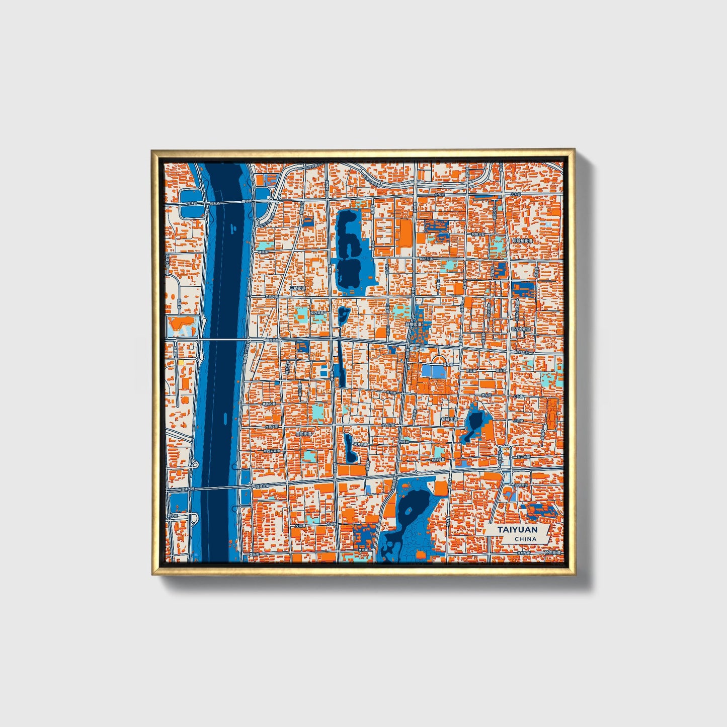 Taiyuan China Colorful City Map Canvas Print • Gold Framed