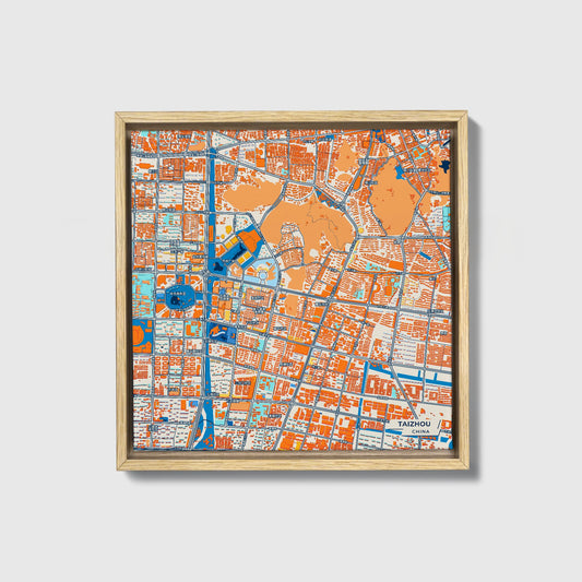 Taizhou China Colorful City Map Canvas Print • Natural Wooden Framed