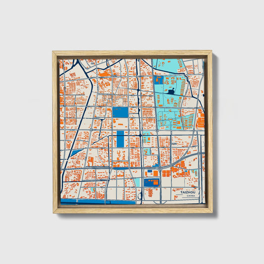 Taizhou China Colorful City Map Canvas Print • Natural Wooden Framed